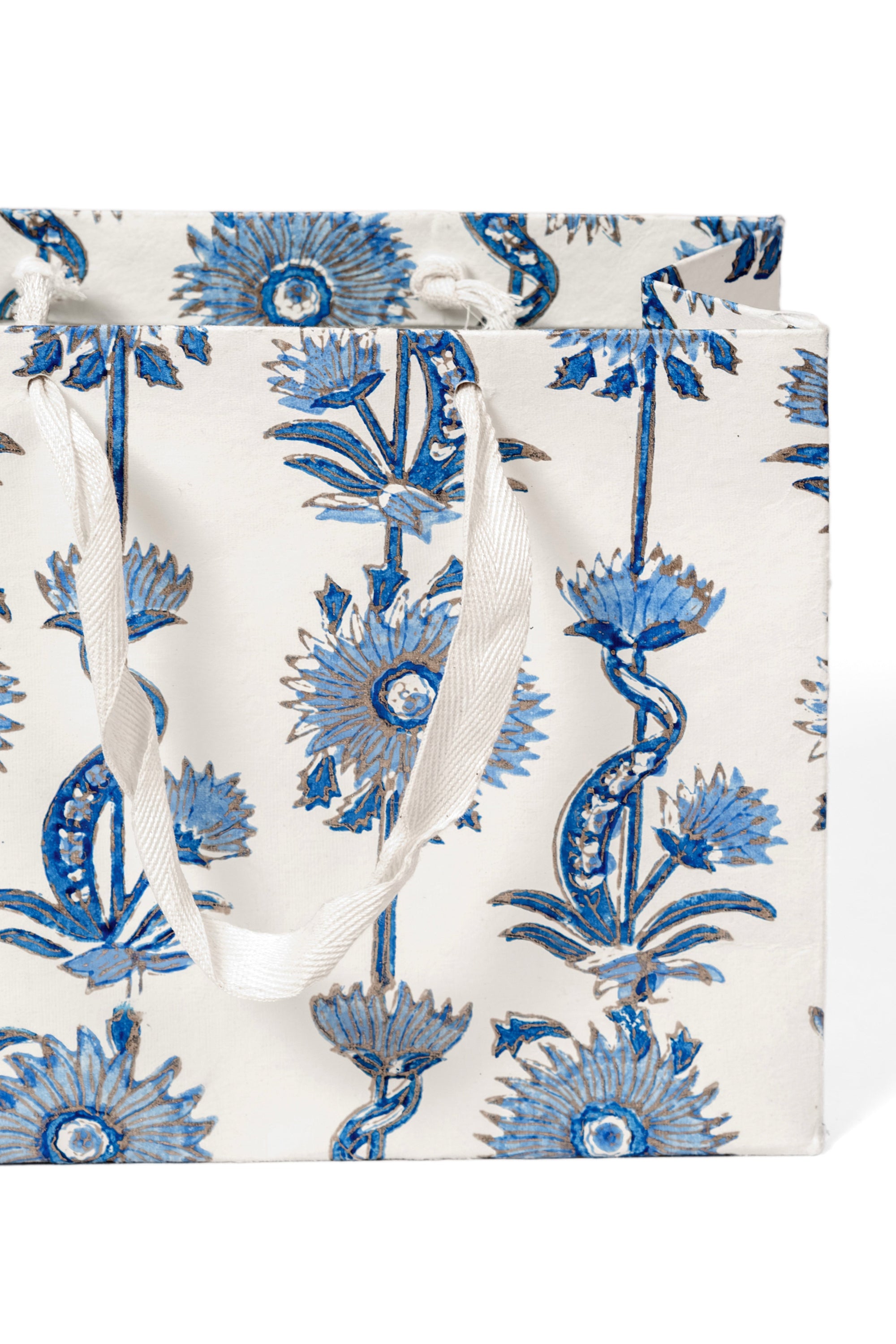 Blue floral vines blockprint gift bag with white handles from Inner Child
