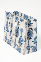 Blue floral vines blockprint gift bag with white handles from Inner Child