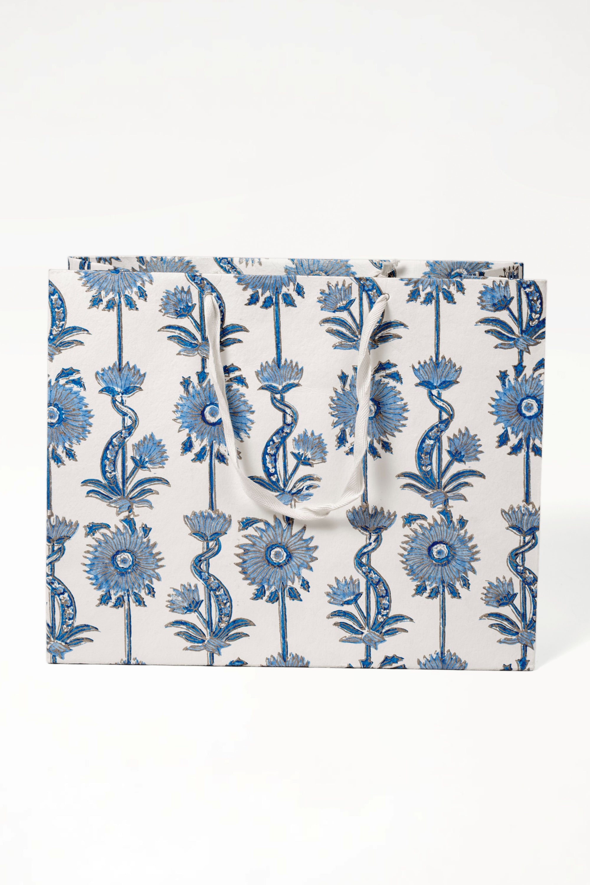 Large blue floral vines blockprint gift bag with white handles from Inner Child