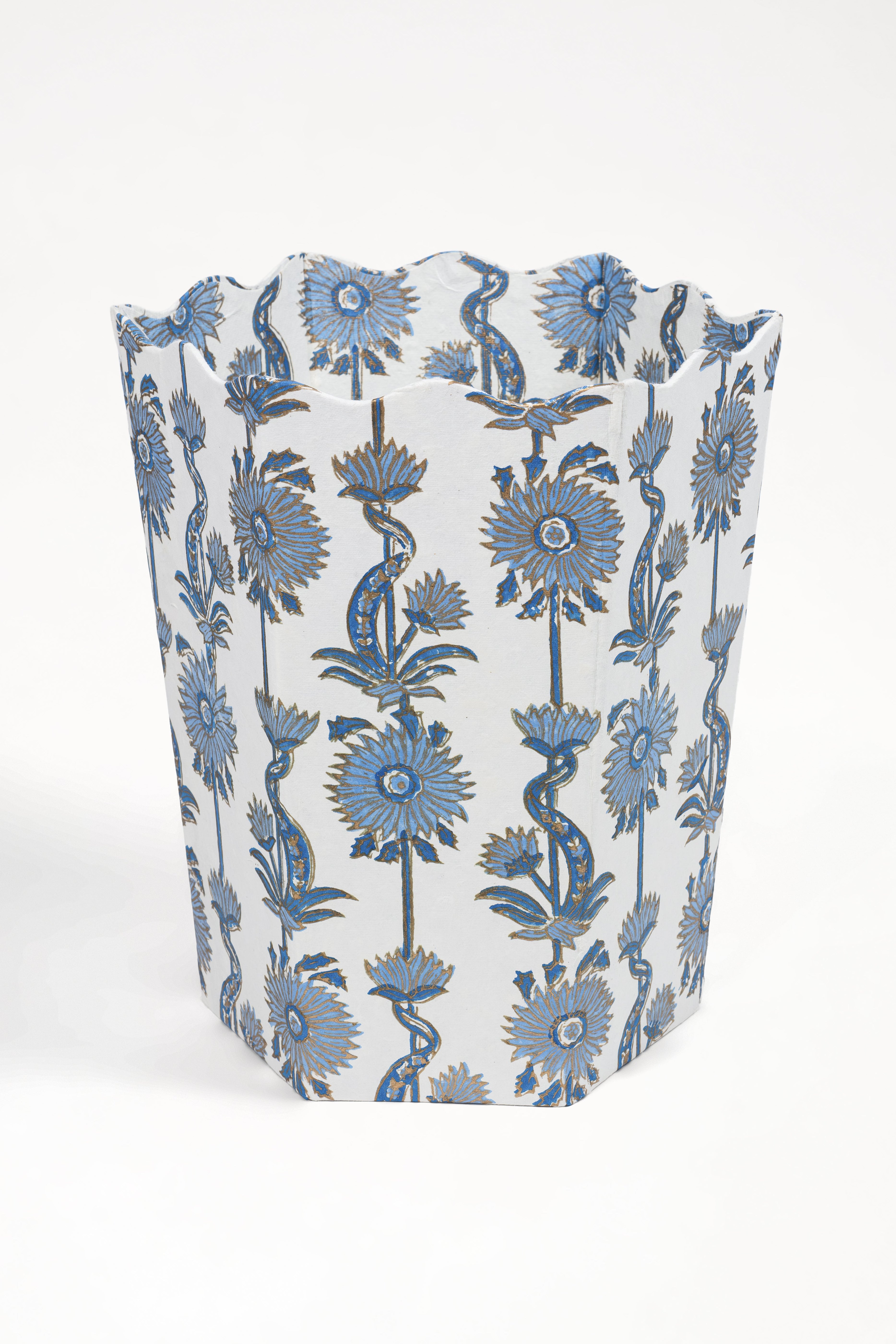 Blue floral vines blockprint scallop waste bin