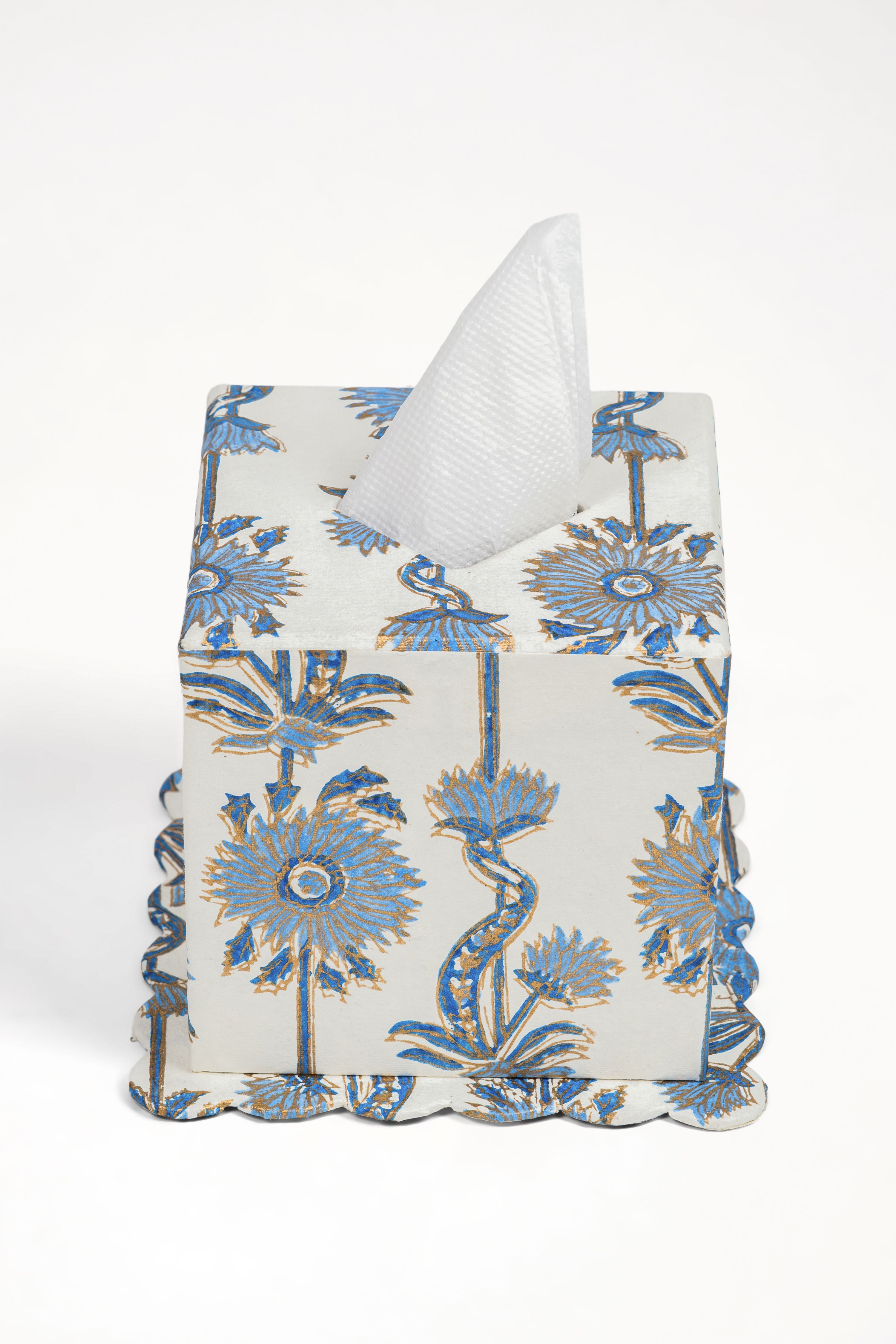 Blue floral vines blockprint scallop edge tissue box cover