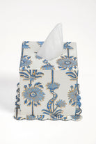 Blue floral vines blockprint scallop edge tissue box cover