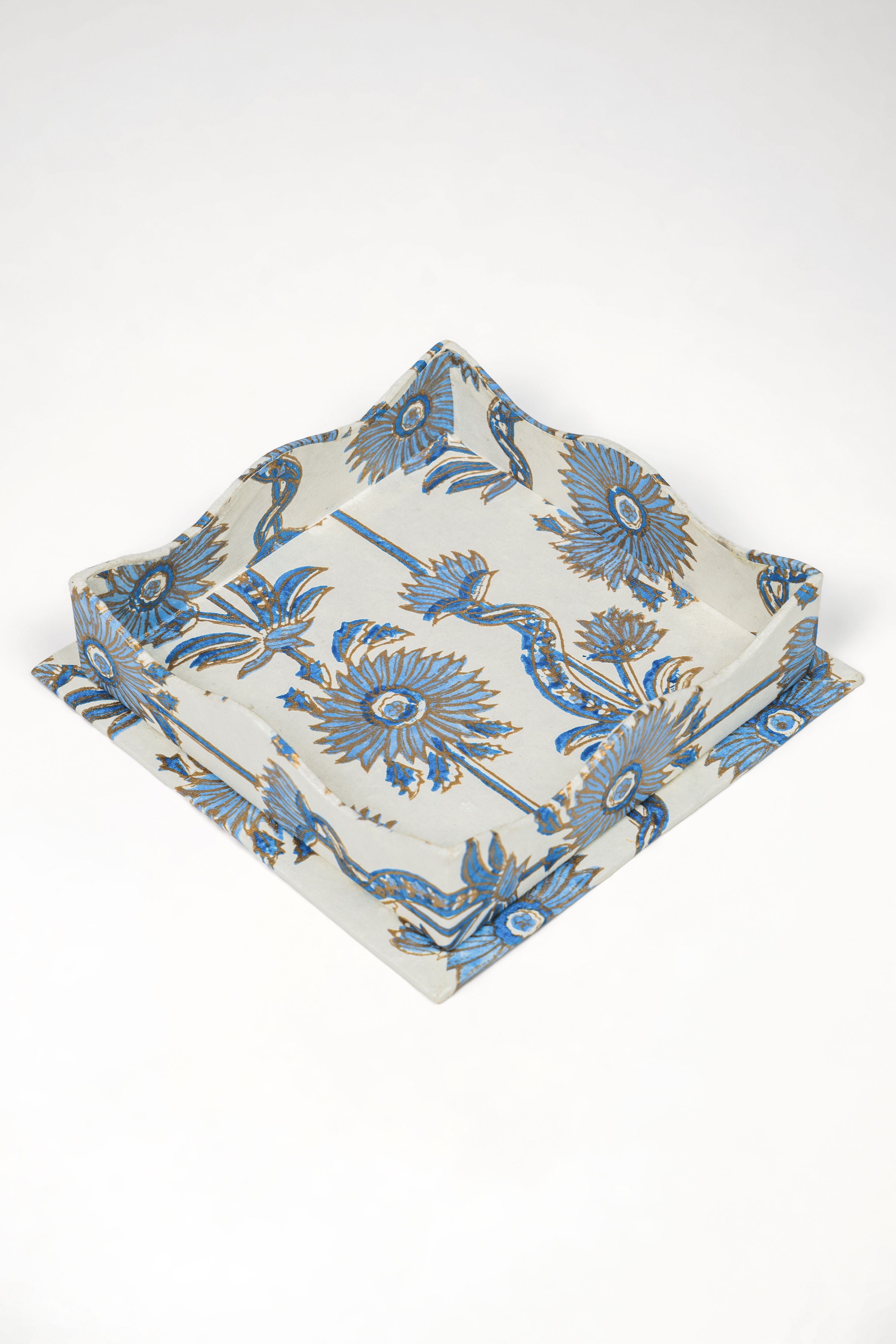 Nesting scalloped blue floral blockprint trays by Inner Child