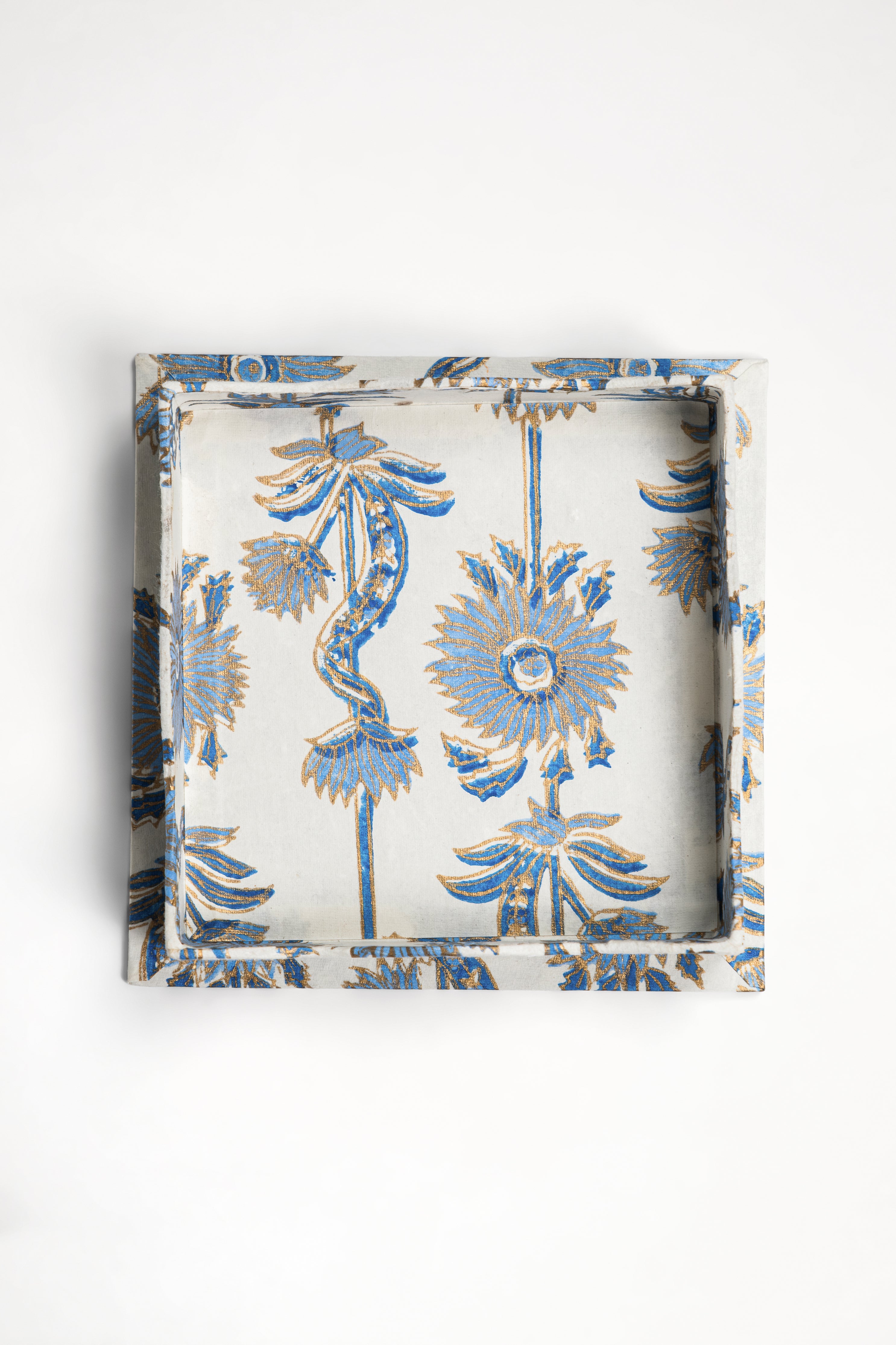 Blue scalloped floral blockprint nesting tray by Inner Child