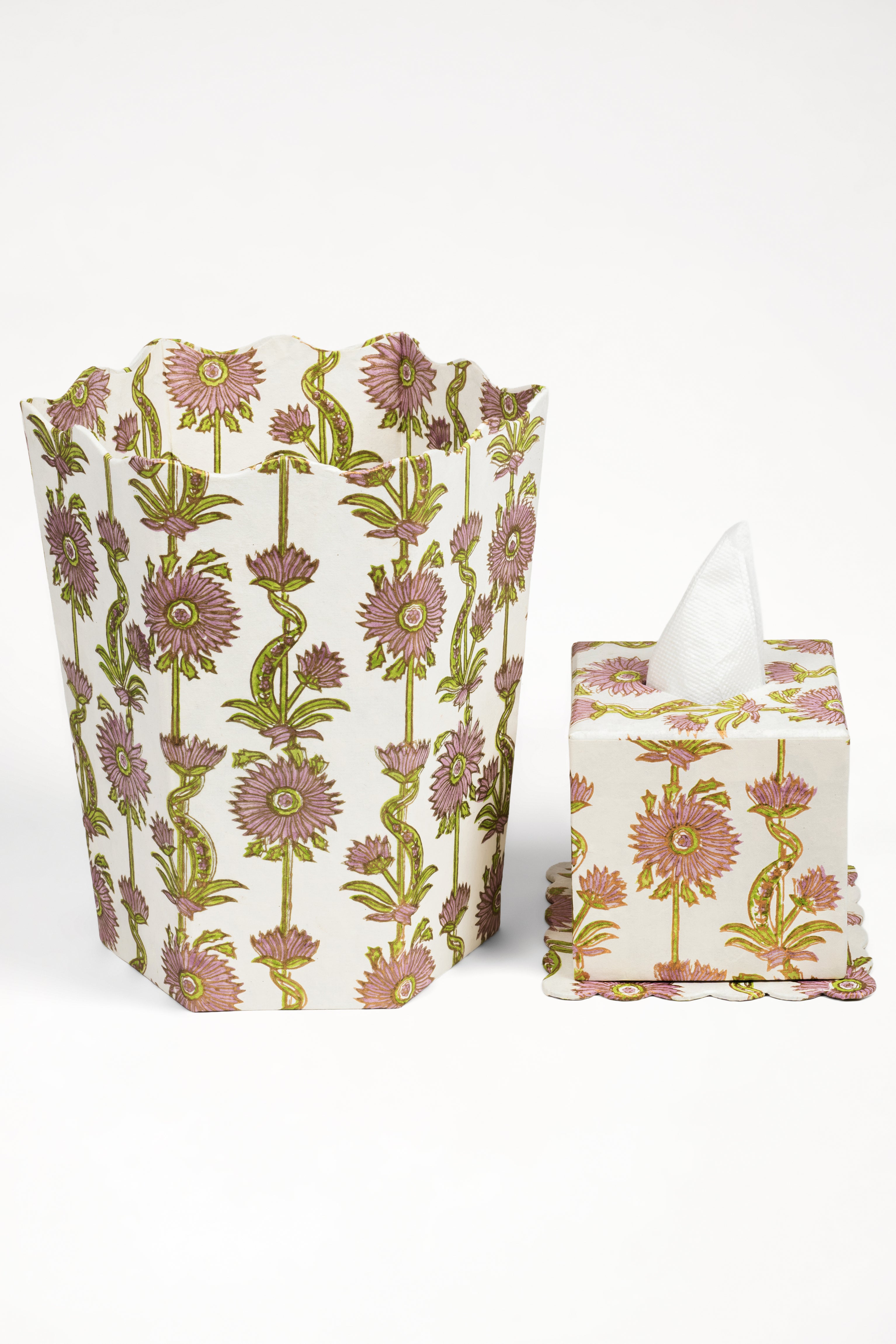 Inner Child lilac floral vines blockprint scallop waste bin and matching tissue box
