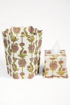 Inner Child lilac floral vines blockprint scallop waste bin and matching tissue box