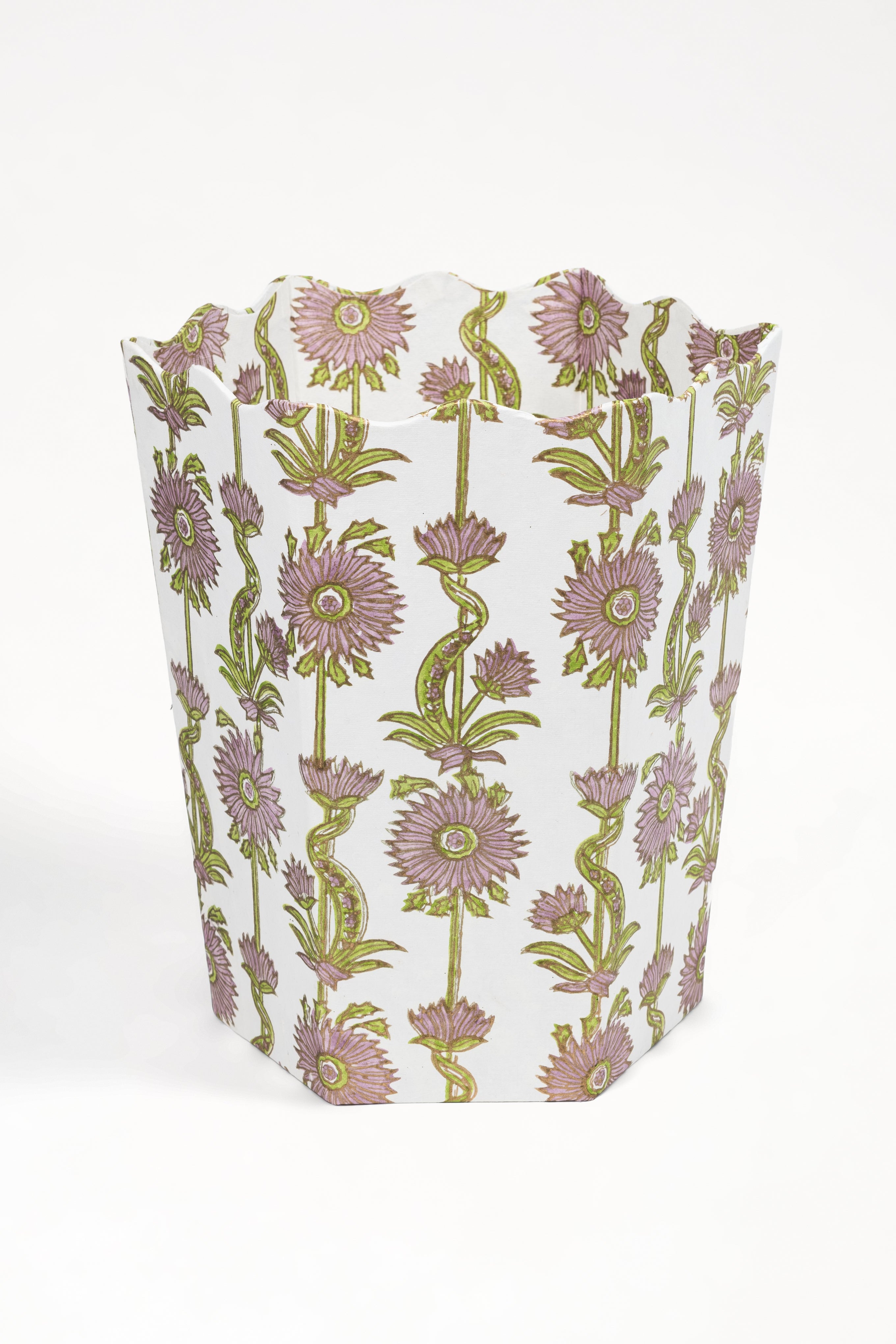 Inner Child lilac floral vines blockprint scallopwaste bin close-up