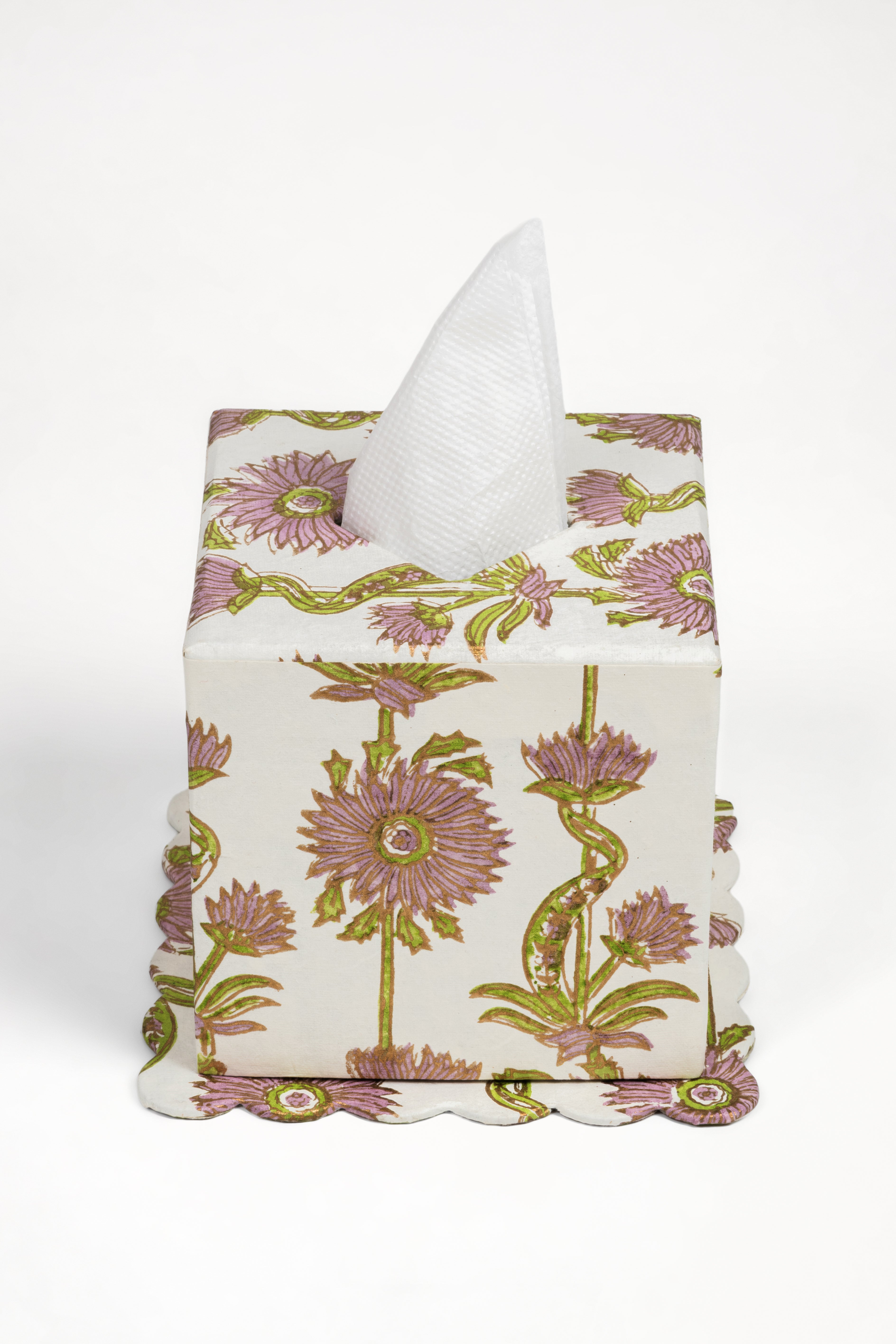 Lilac purple floral vines blockprint scallop edge tissue box cover