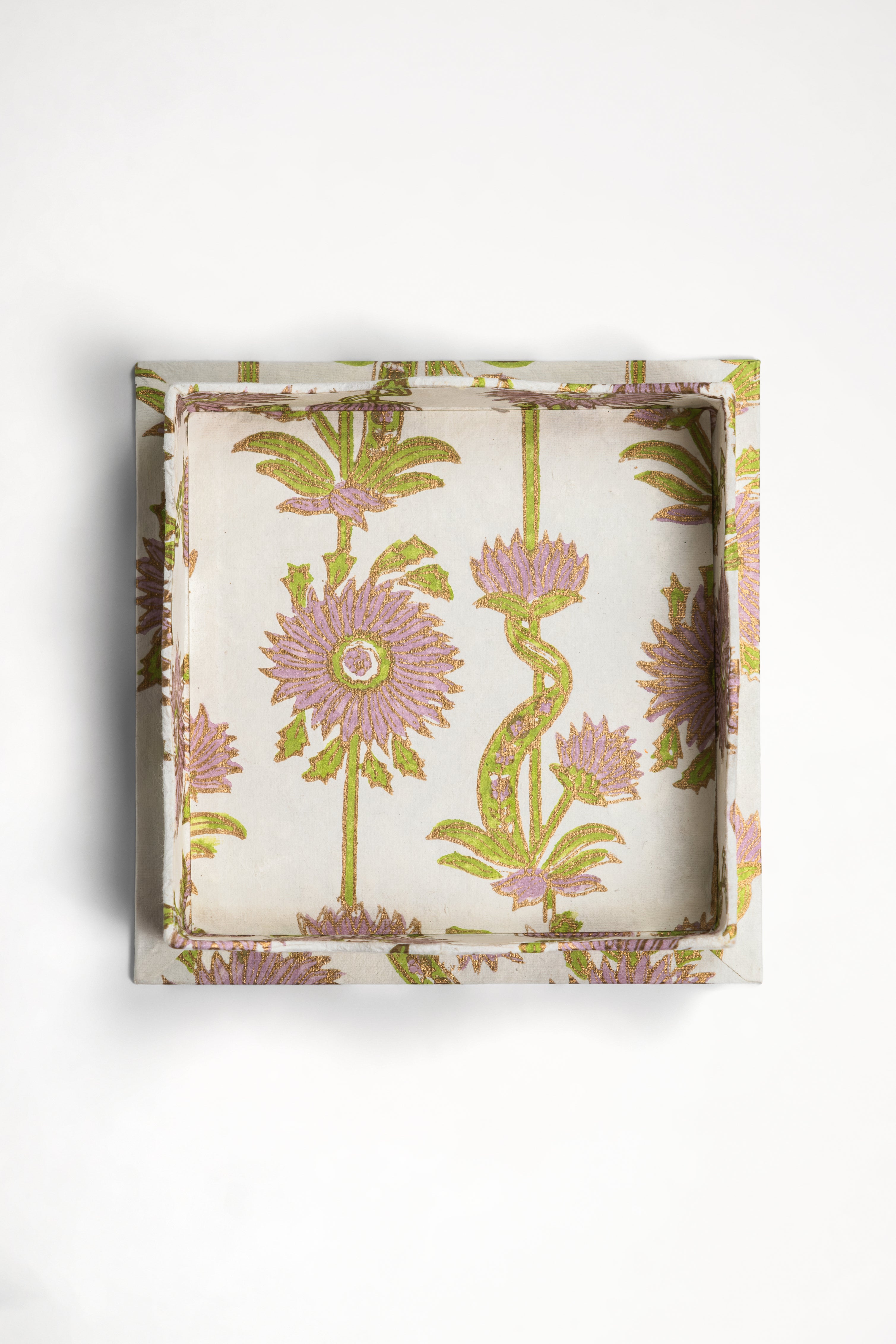 Inner Child scalloped floral blockprint tray top view in lilac purple