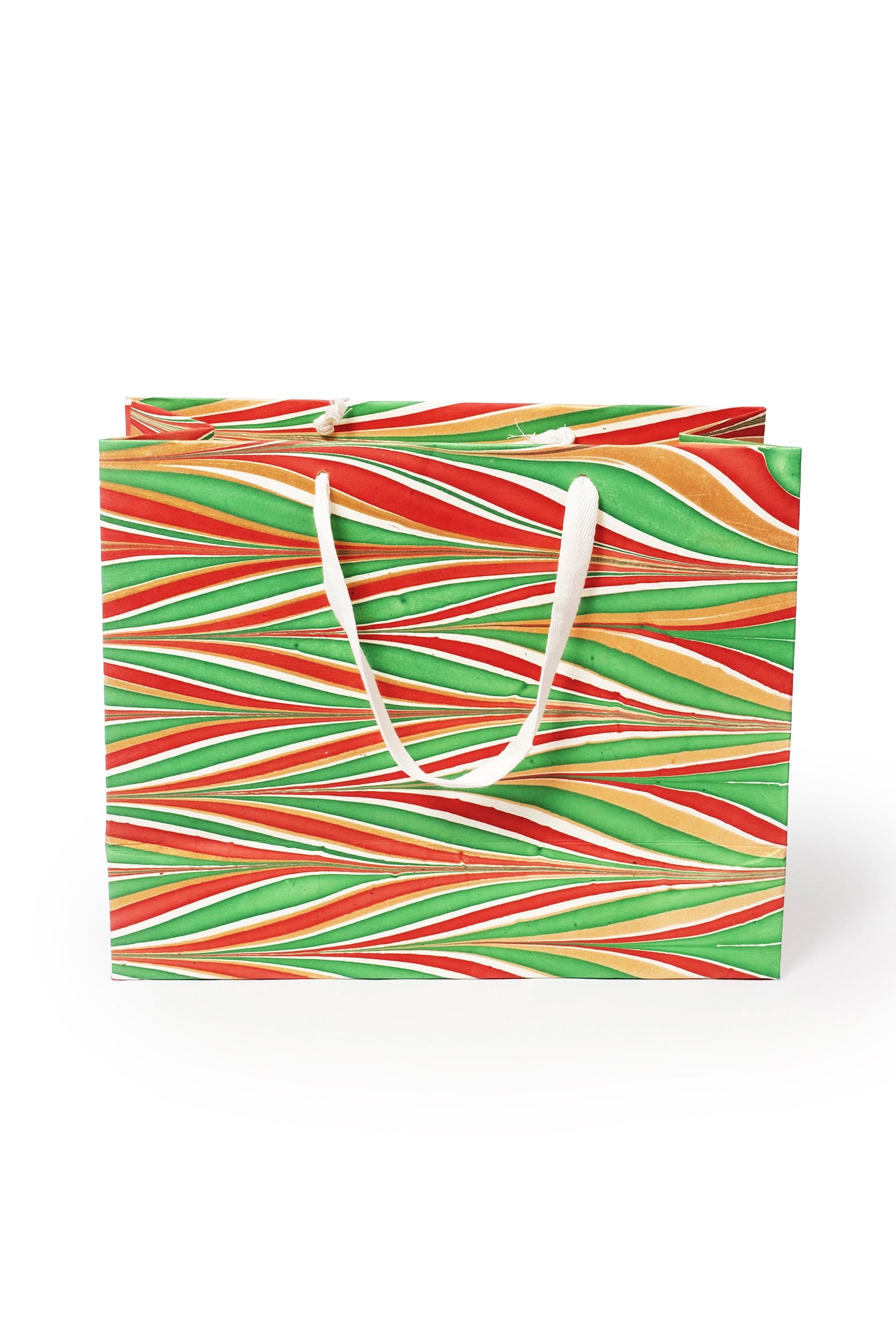Large gilded holiday hand marbled gift bag with white handles