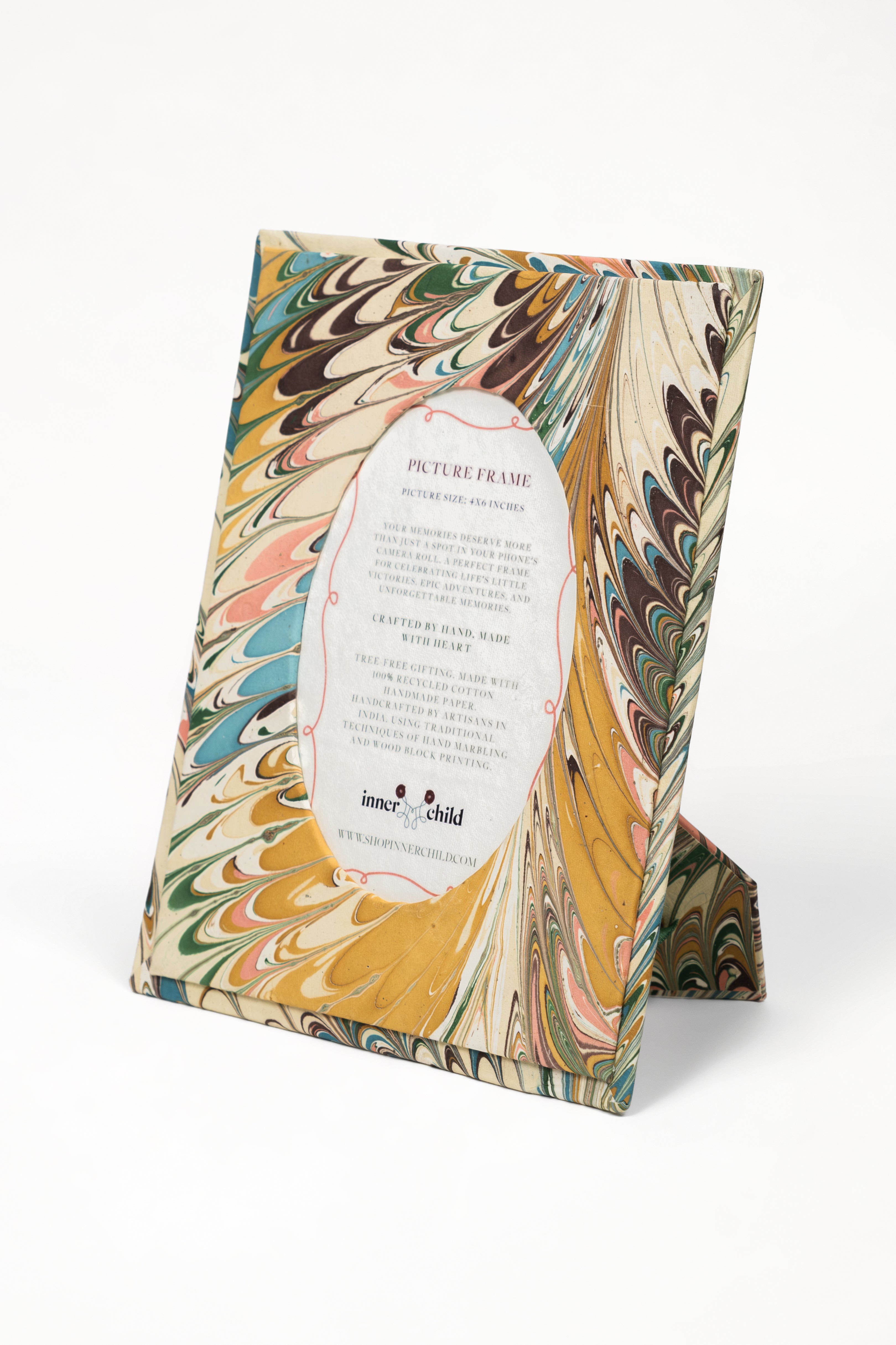Innerchild Hand-Marbled Flatiron Feathers Picture Frame with Oval Opening, 4x6