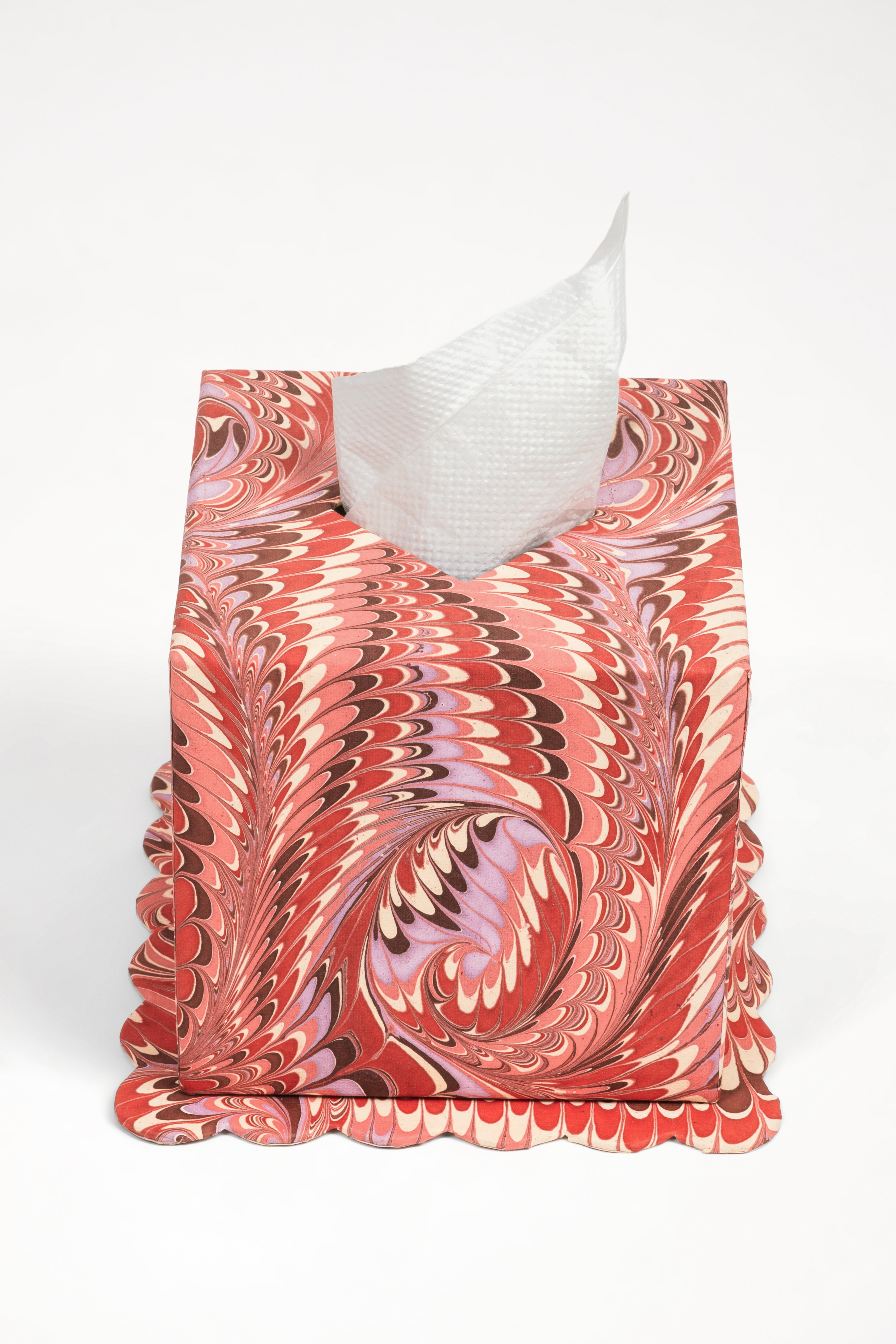Hand-marbled Florentine pink scallop edge tissue box cover with colorful patterns