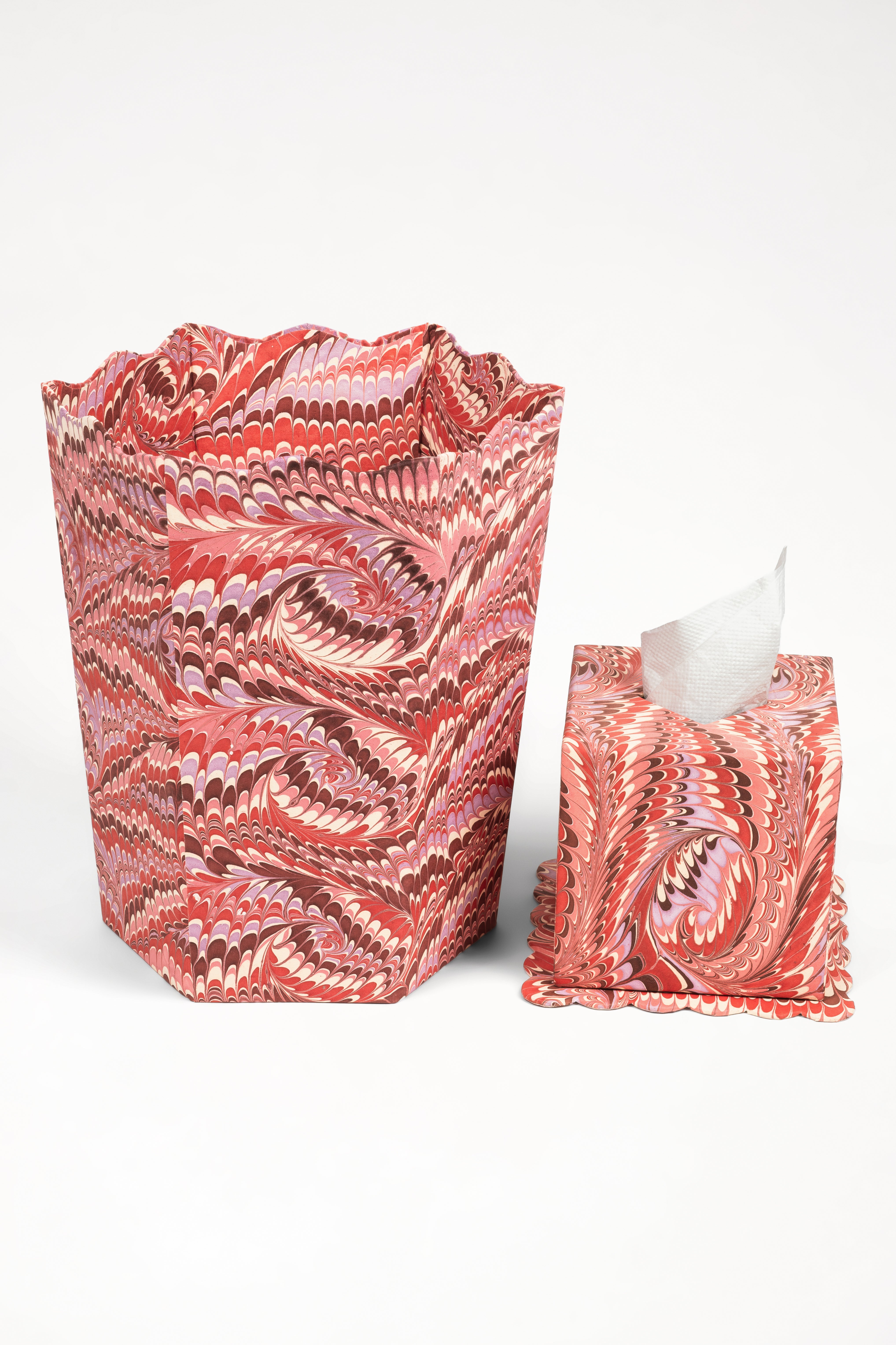 Hand-marbled scallop waste bin storage bin in florentine pink with matching tissue box