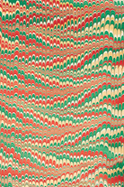 Hand marbled holiday jingle gift wrapping paper single sheet with red green gold feather pattern