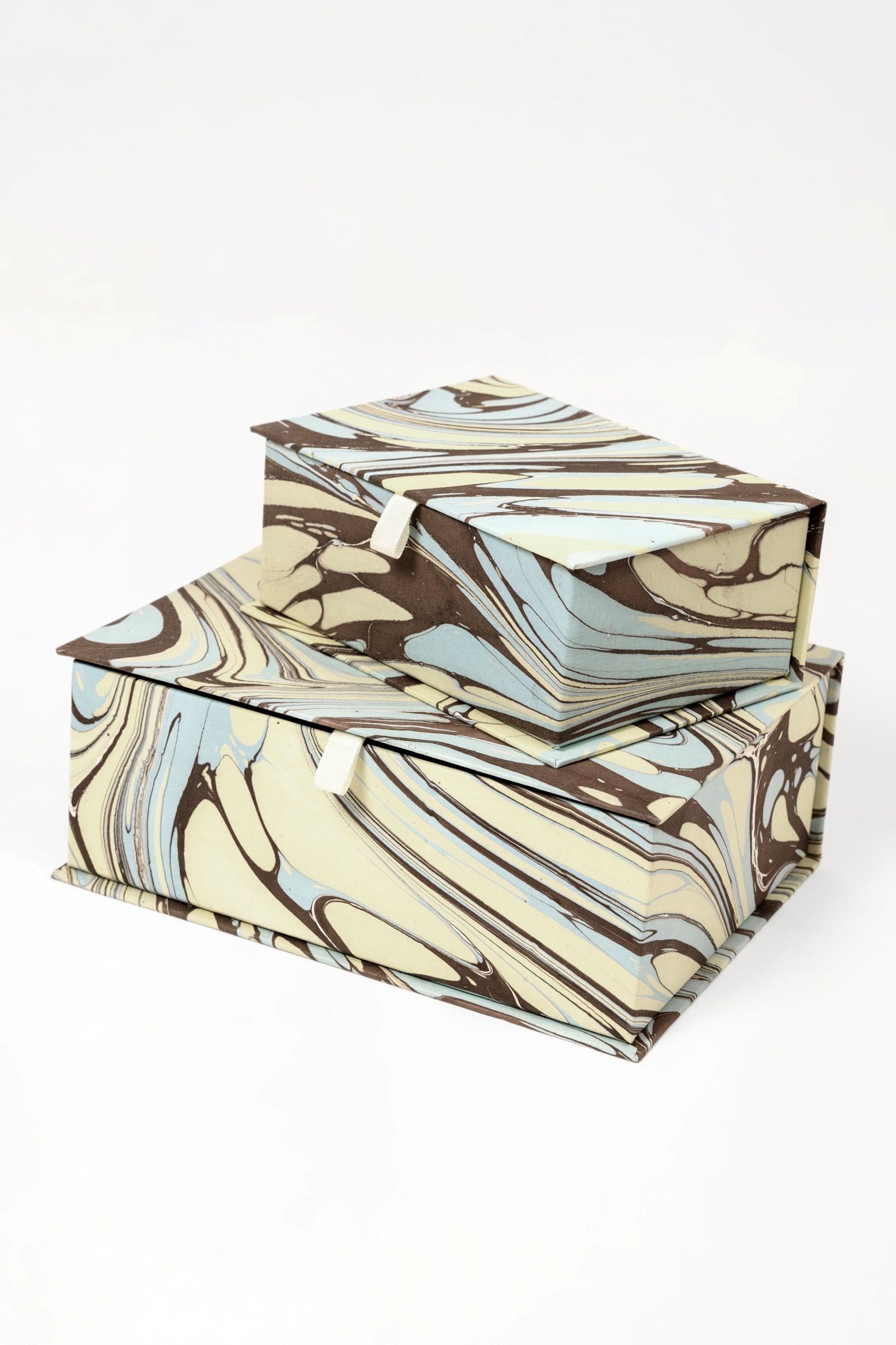 Hand-marbled keepsake box set in Kyoto with blue/brown swirls, white ties