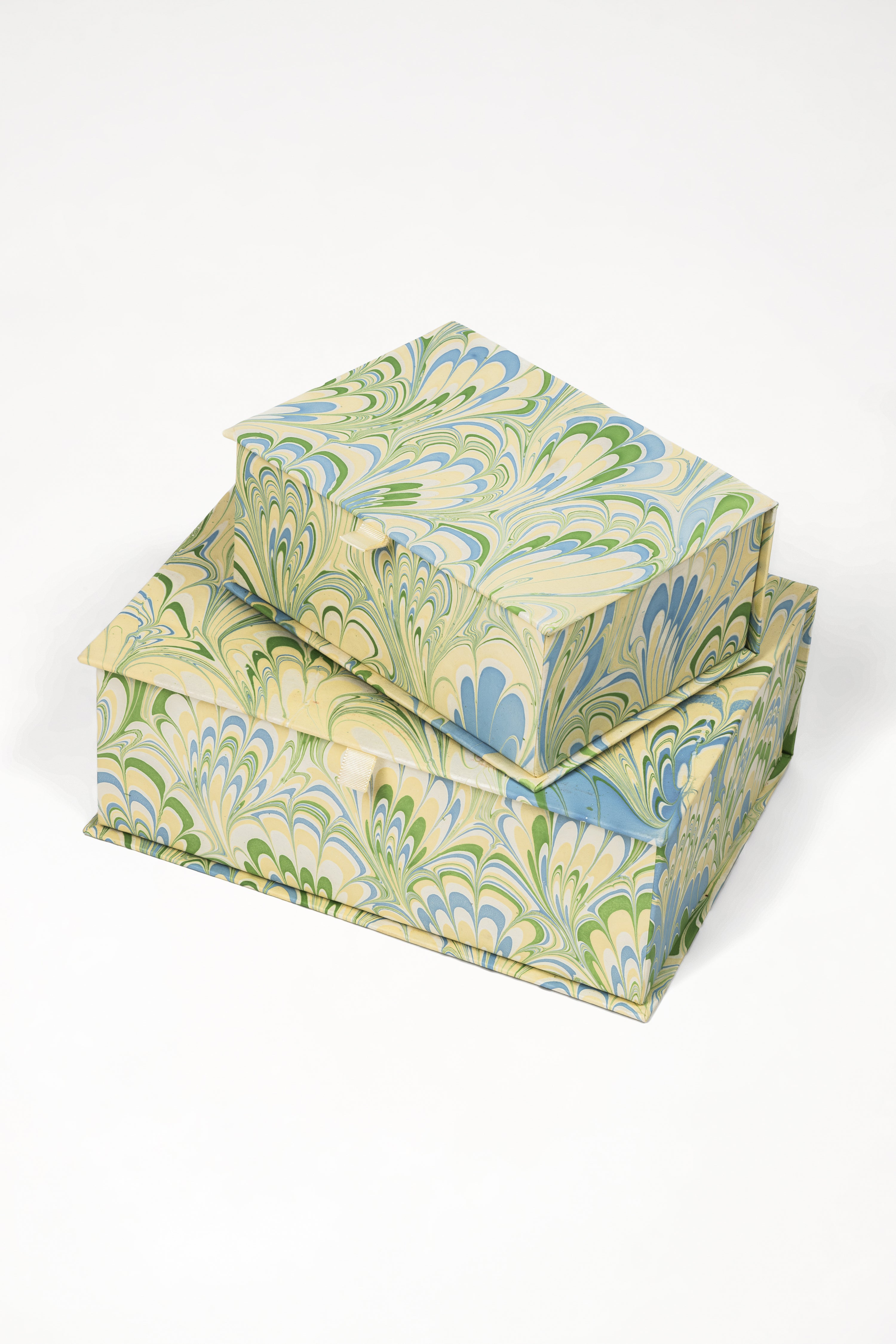 Inner Child hand-marbled storage boxes with green/blue/cream marbling patterns