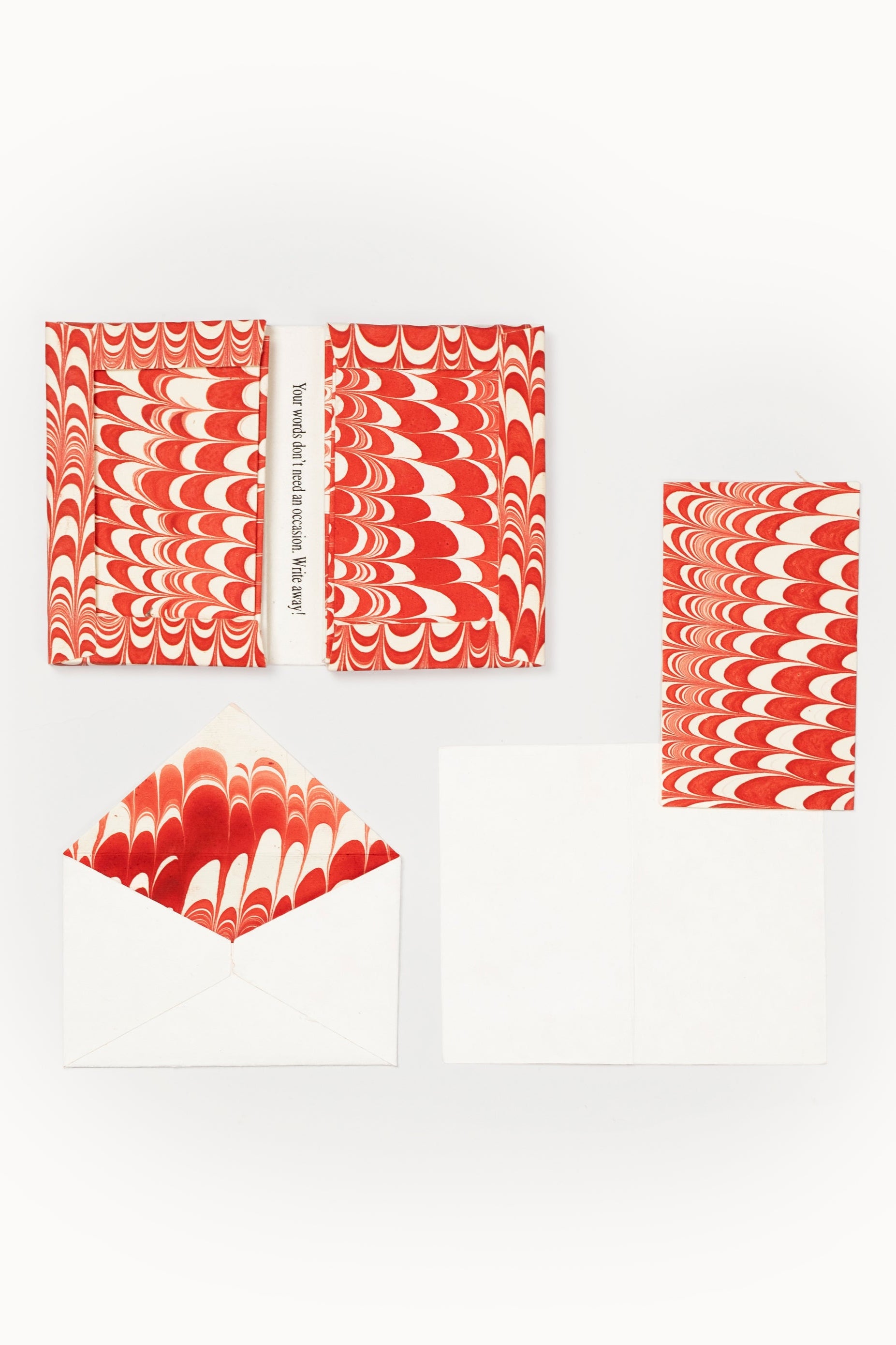 Inner Child red swirled hand-marbled notecards and envelope set with "Write away!" message