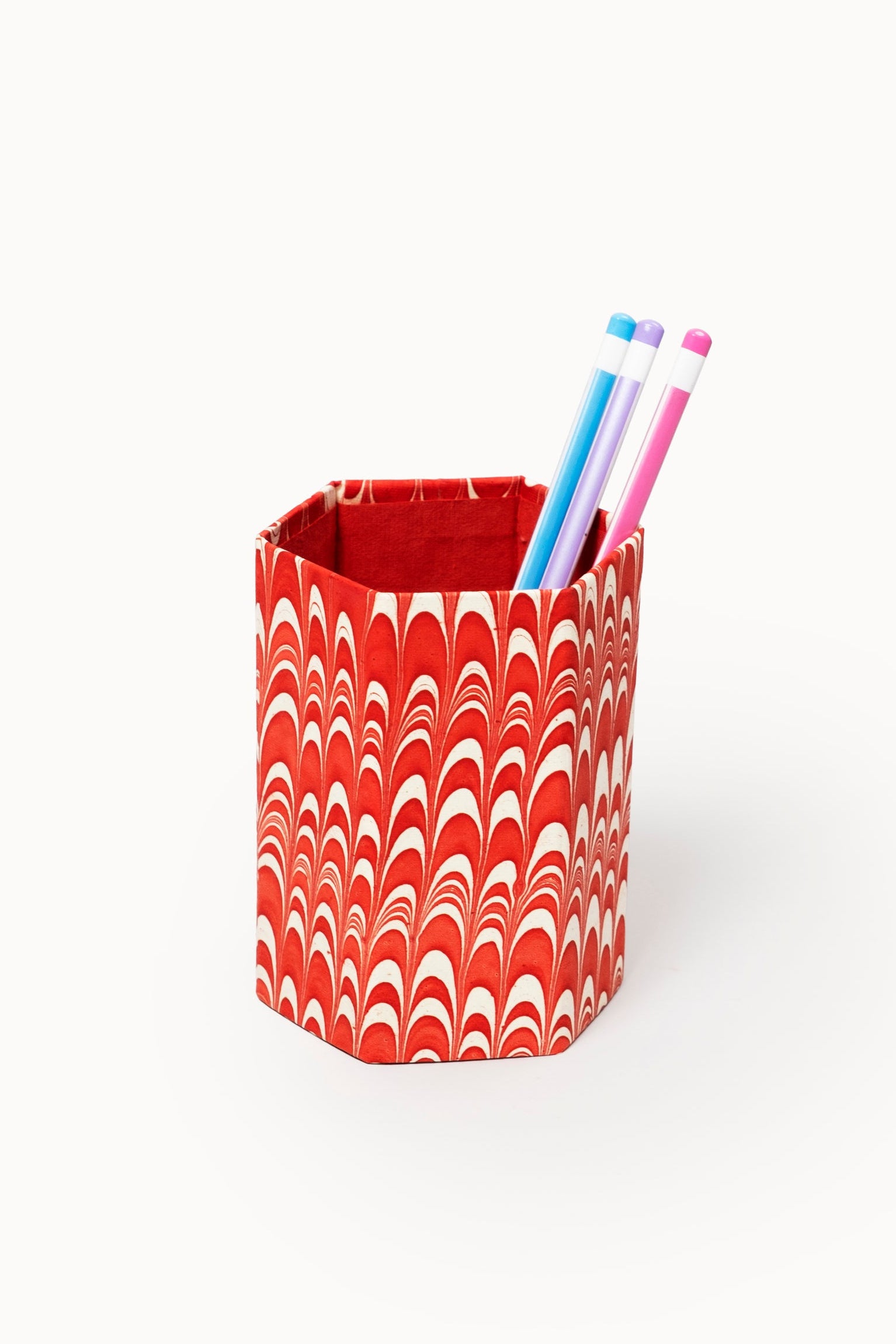 Hand-marbled Candy Swirl pencil holder, red white marbled fabric, holding colored pens