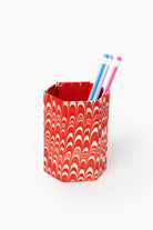 Hand-marbled Candy Swirl pencil holder, red white marbled fabric, holding colored pens