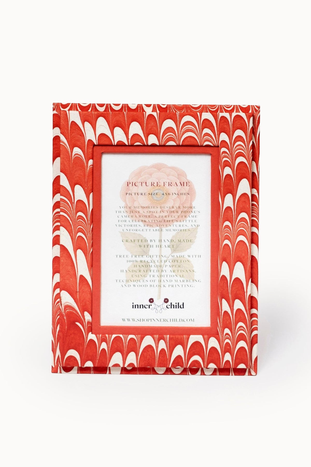 Front-facing hand-marbled 4x6 frame in red-white candy cane swirl from Inner Child