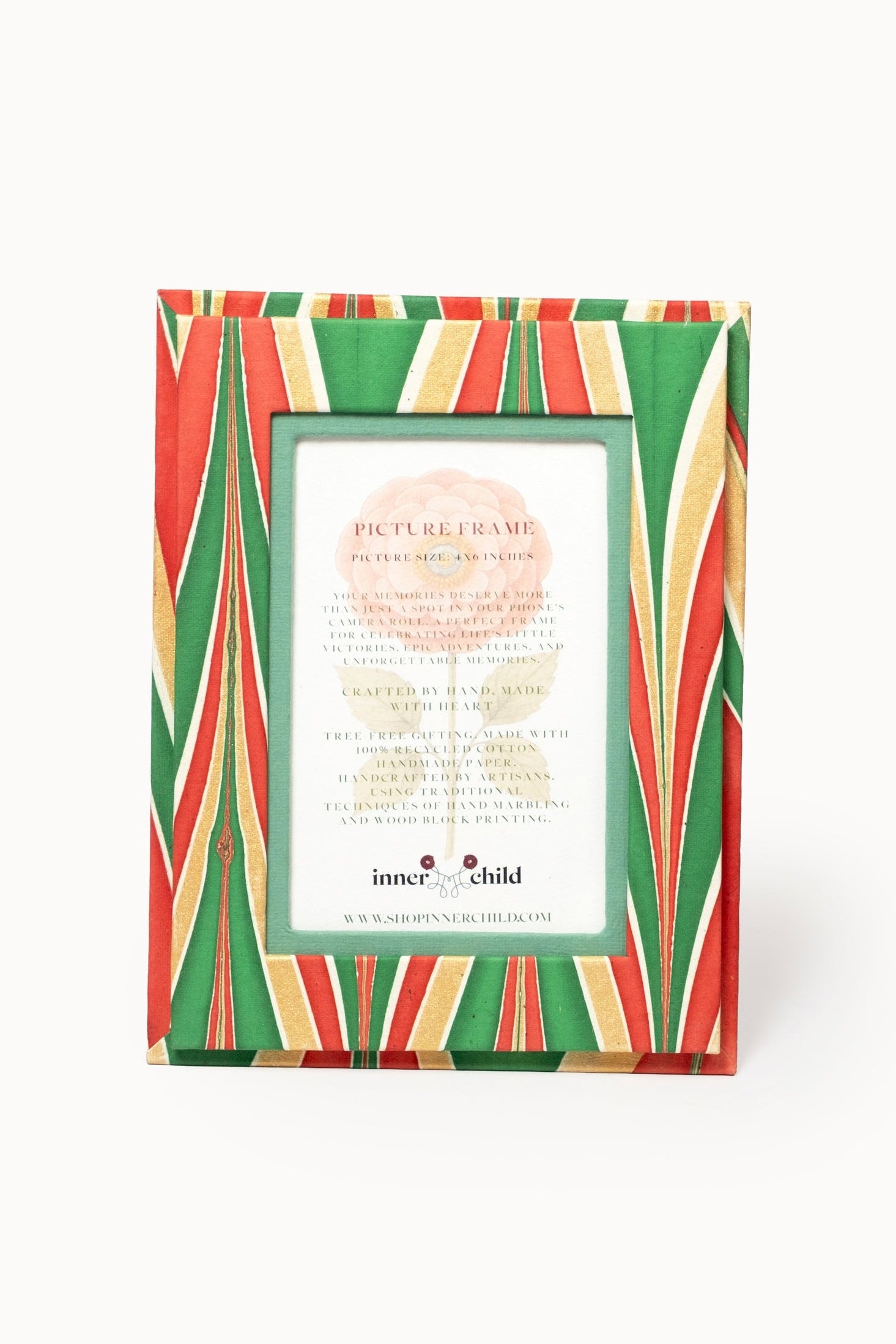 Inner Child's hand-marbled 4x6 picture frame with red, green, gold striped patterns