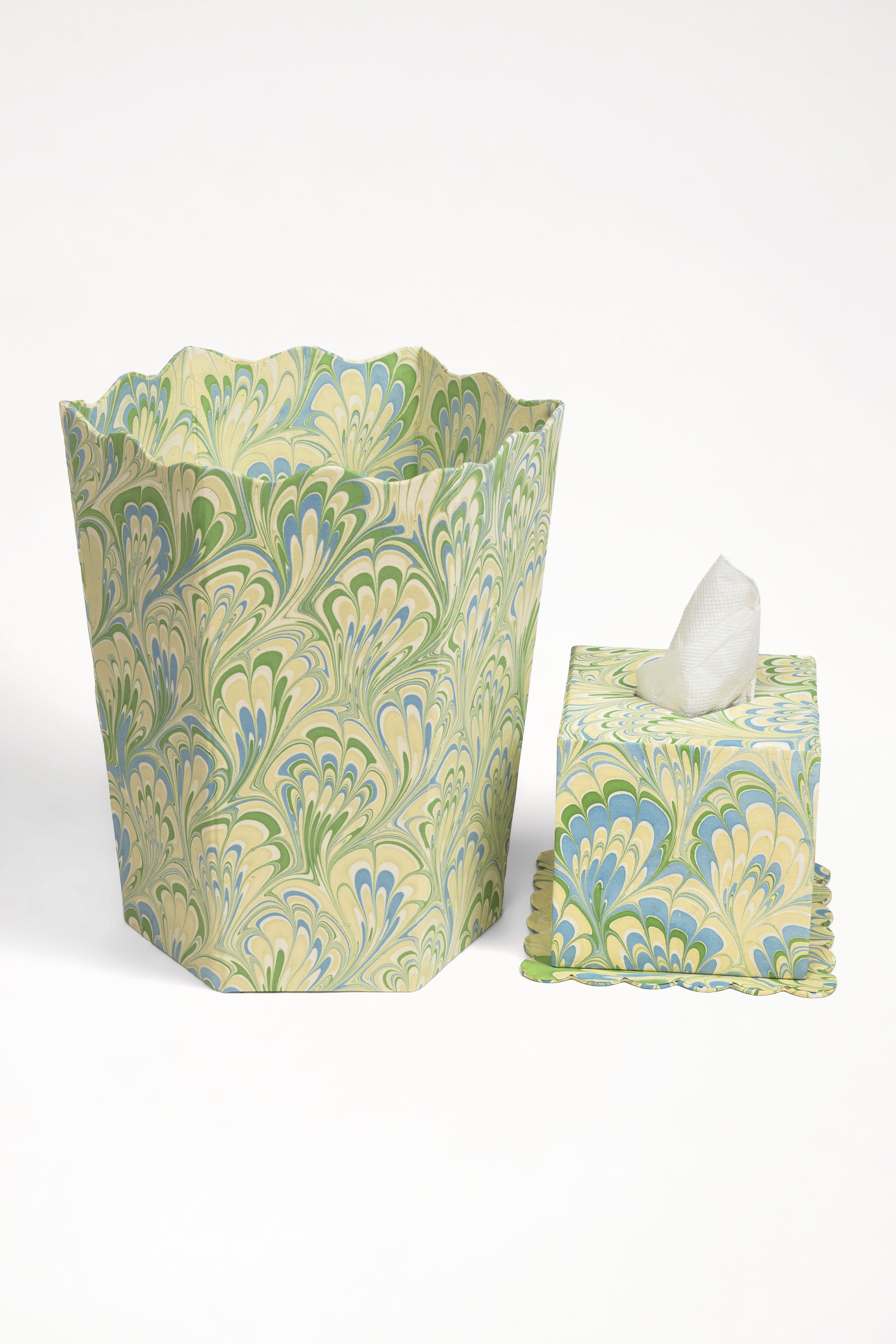 Inner Child hand-marbled waste bin & matching tissue box cover seaglass peacock