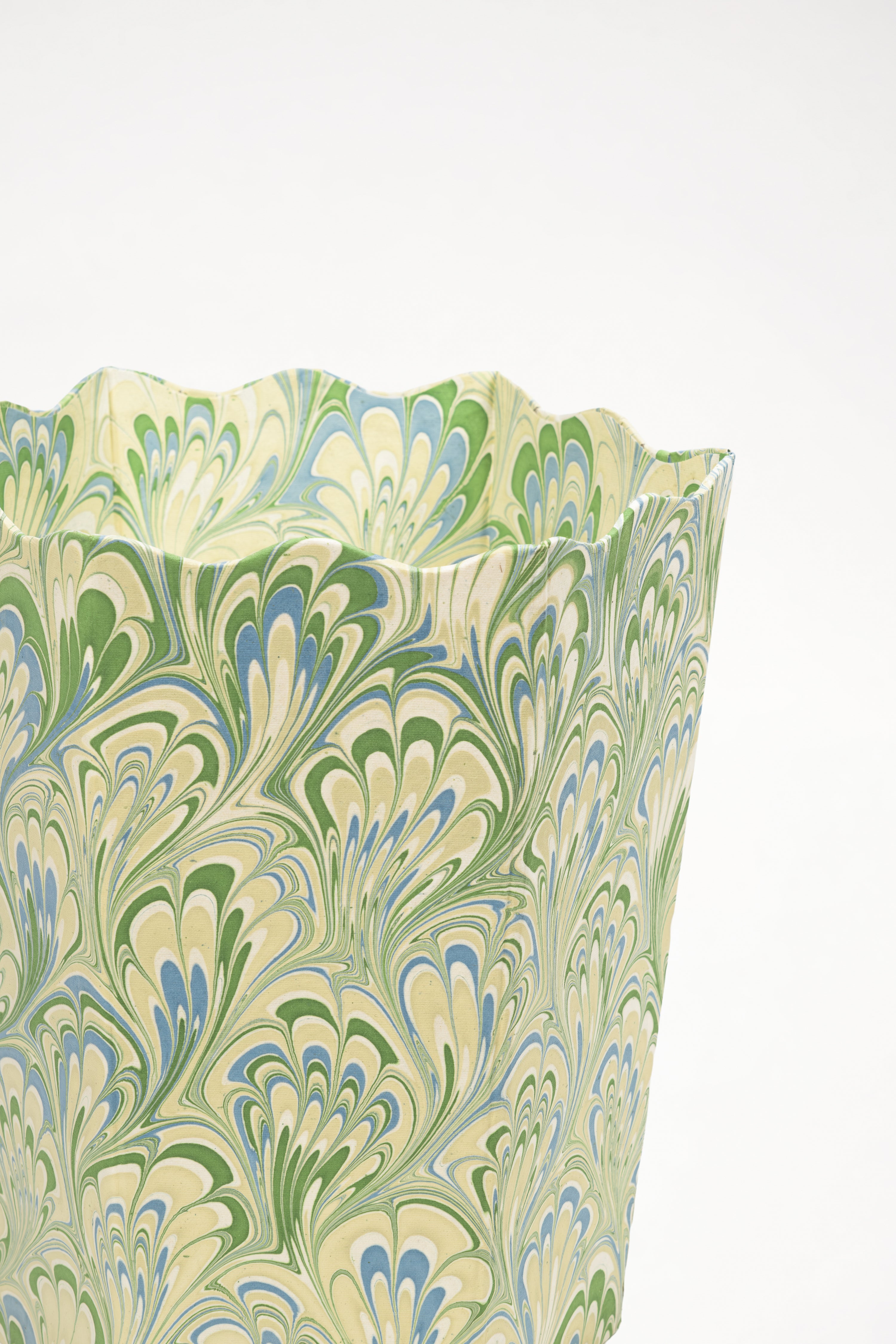 Inner Child close-up hand-marbled scallop waste bin seaglass