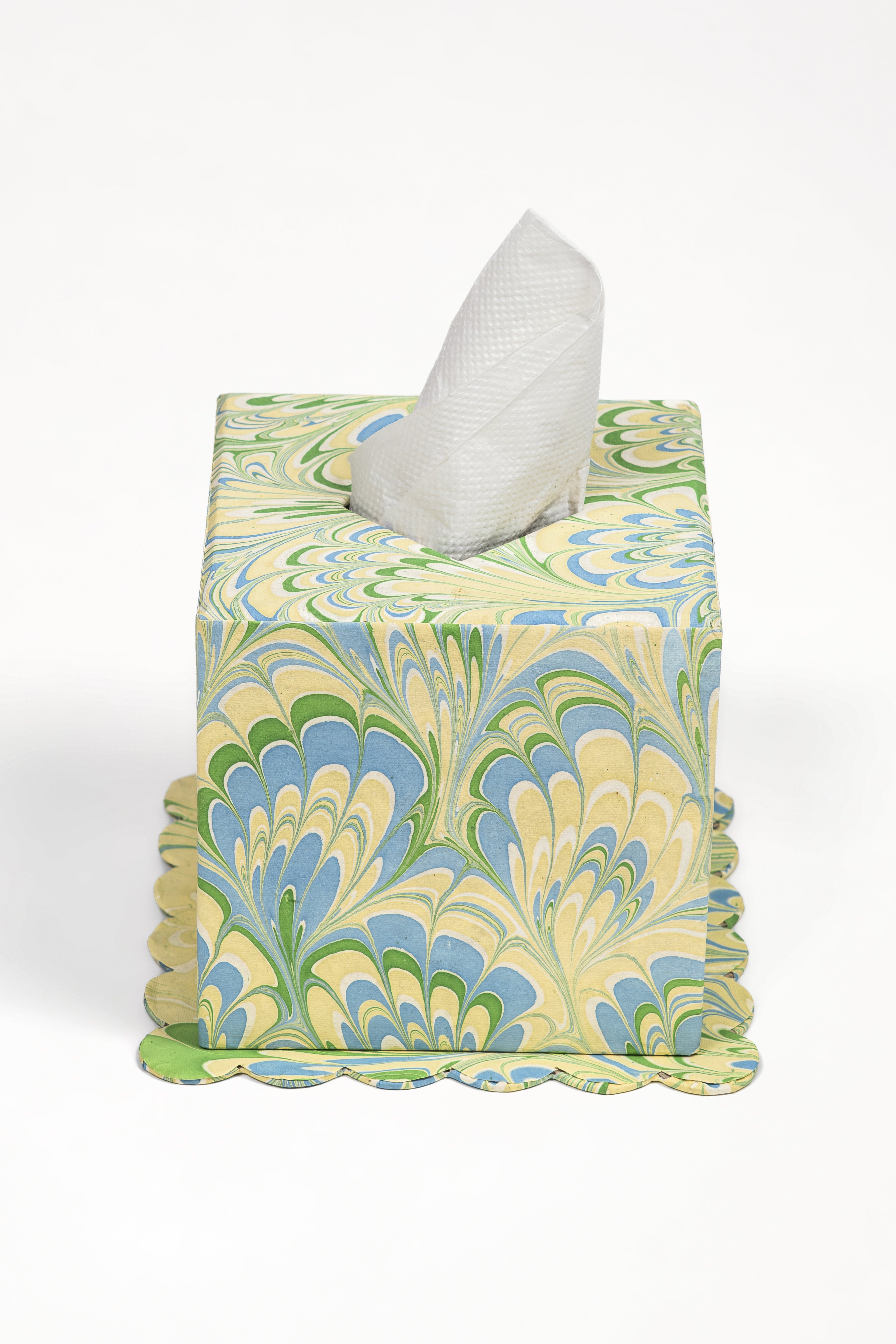 Hand-marbled scallop base tissue box cover in seaglass peacock