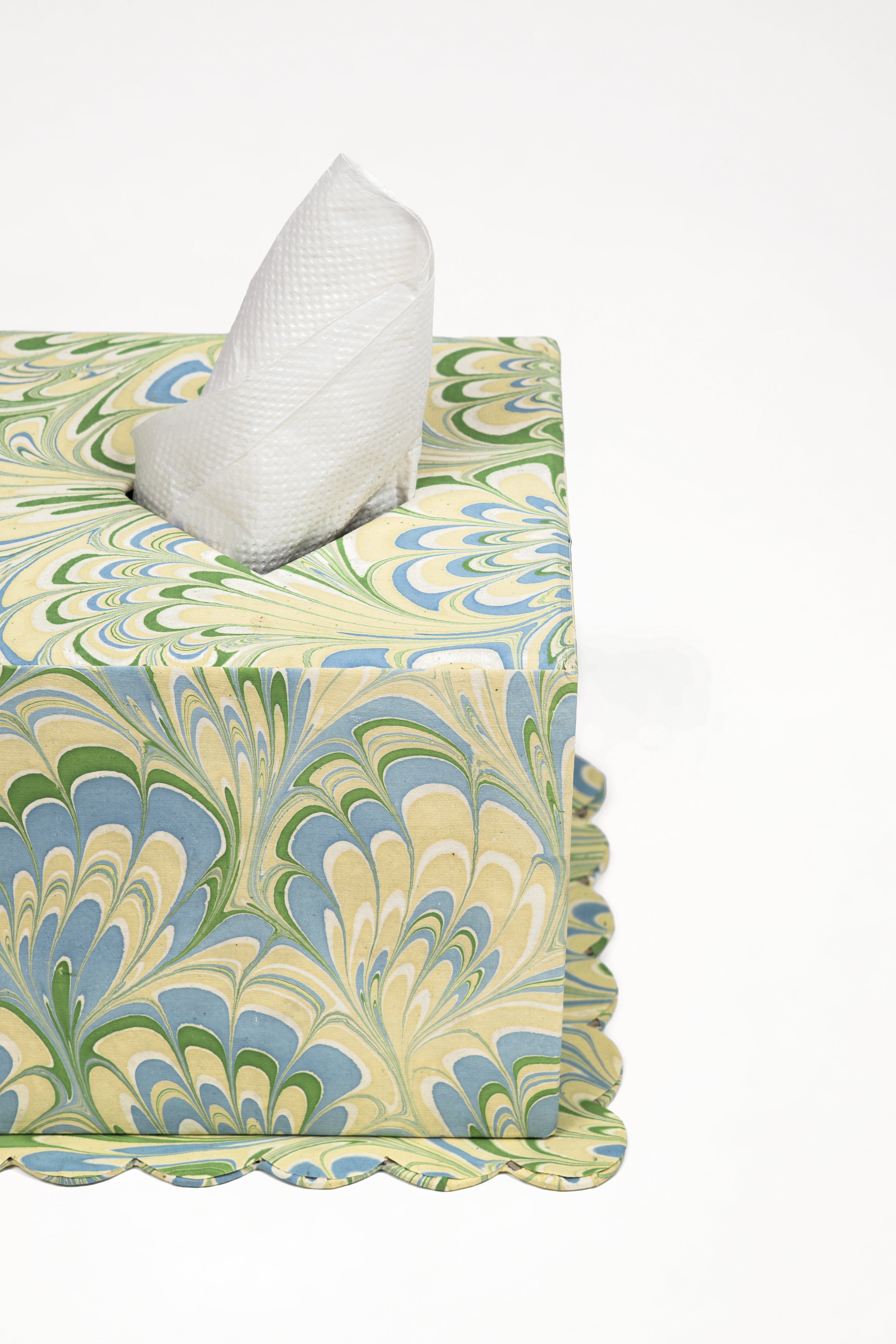 Hand-marbled scallop base tissue box cover in seaglass peacock