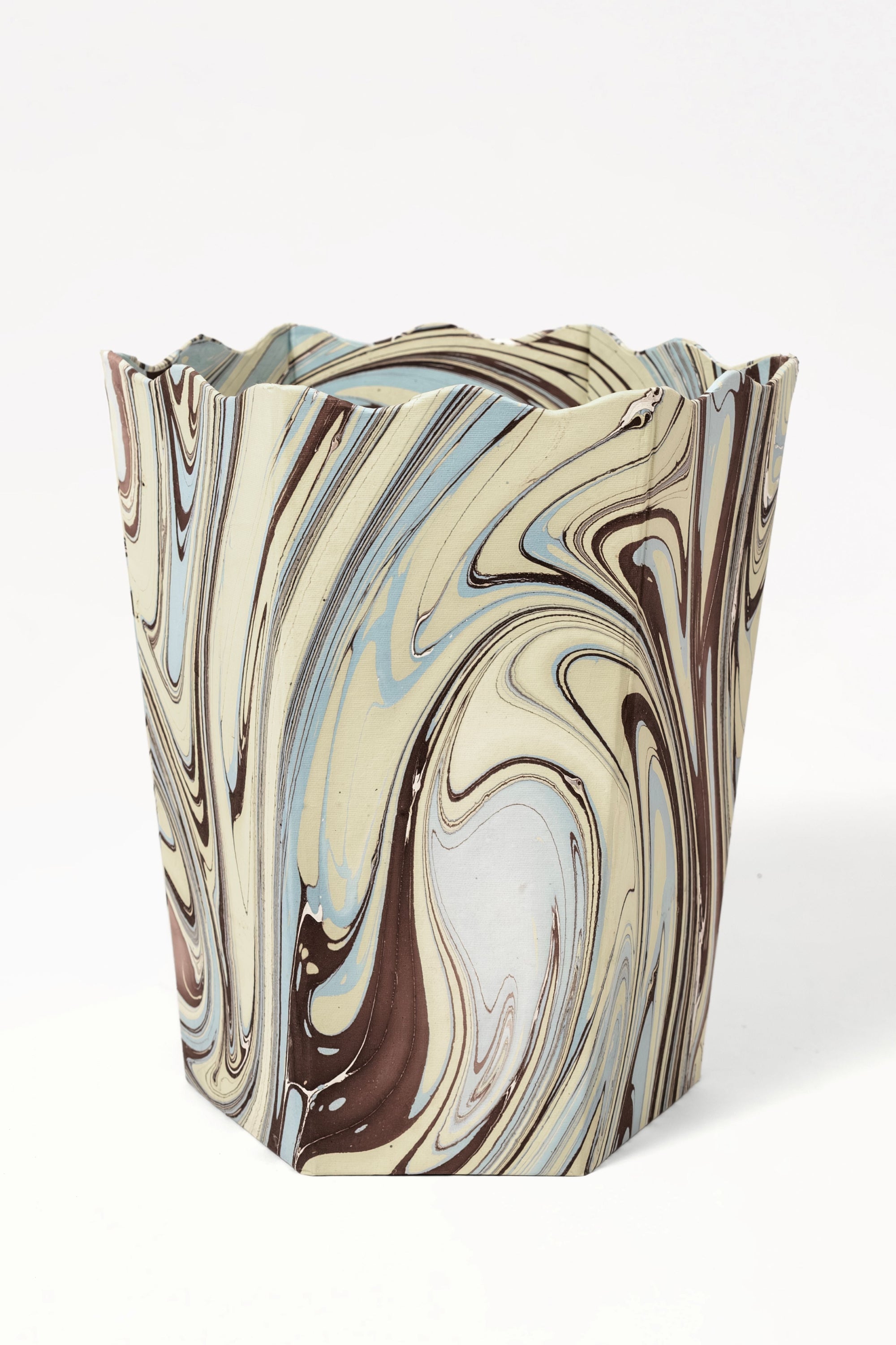 Hand-marbled scallop waste bin with beige brown blue swirls by Inner Child
