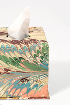 Flatiron Feathers hand-marbled tissue box cover with colorful swirls