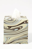 Hand-Marbled Tissue Box Cover in Kyoto with cream, brown, blue swirls