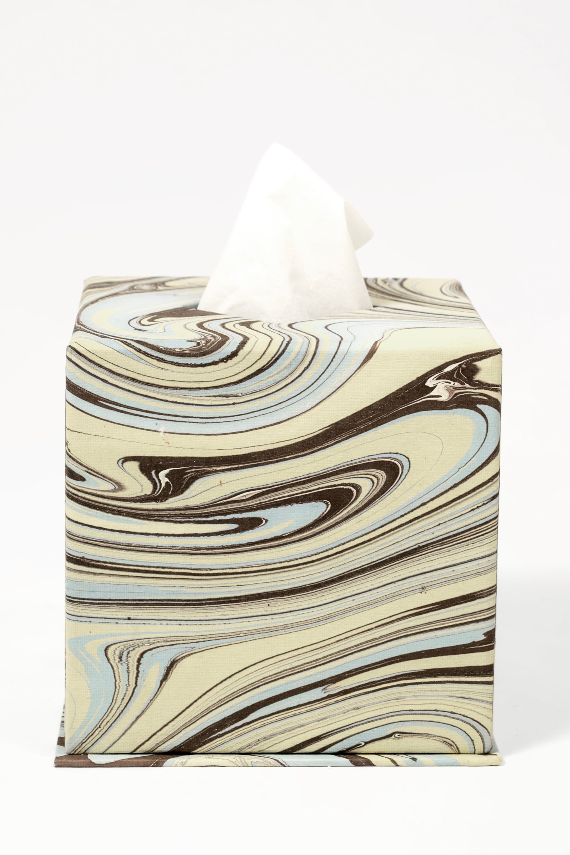 Hand-Marbled Tissue Box Cover in Kyoto with cream, brown, blue swirls