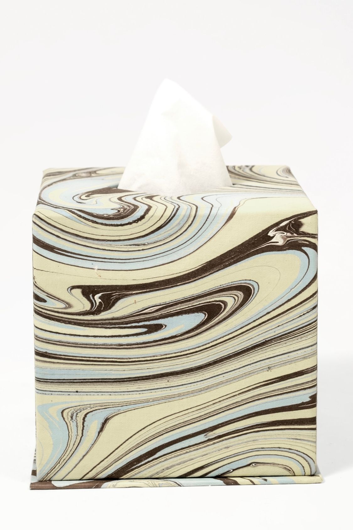 Hand-marbled tissue box cover with earthy swirl patterns from Inner Child