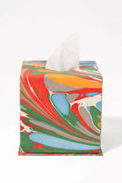 Hand-marbled tissue box cover in Marais with vibrant red, green, blue designs - Inner Child
