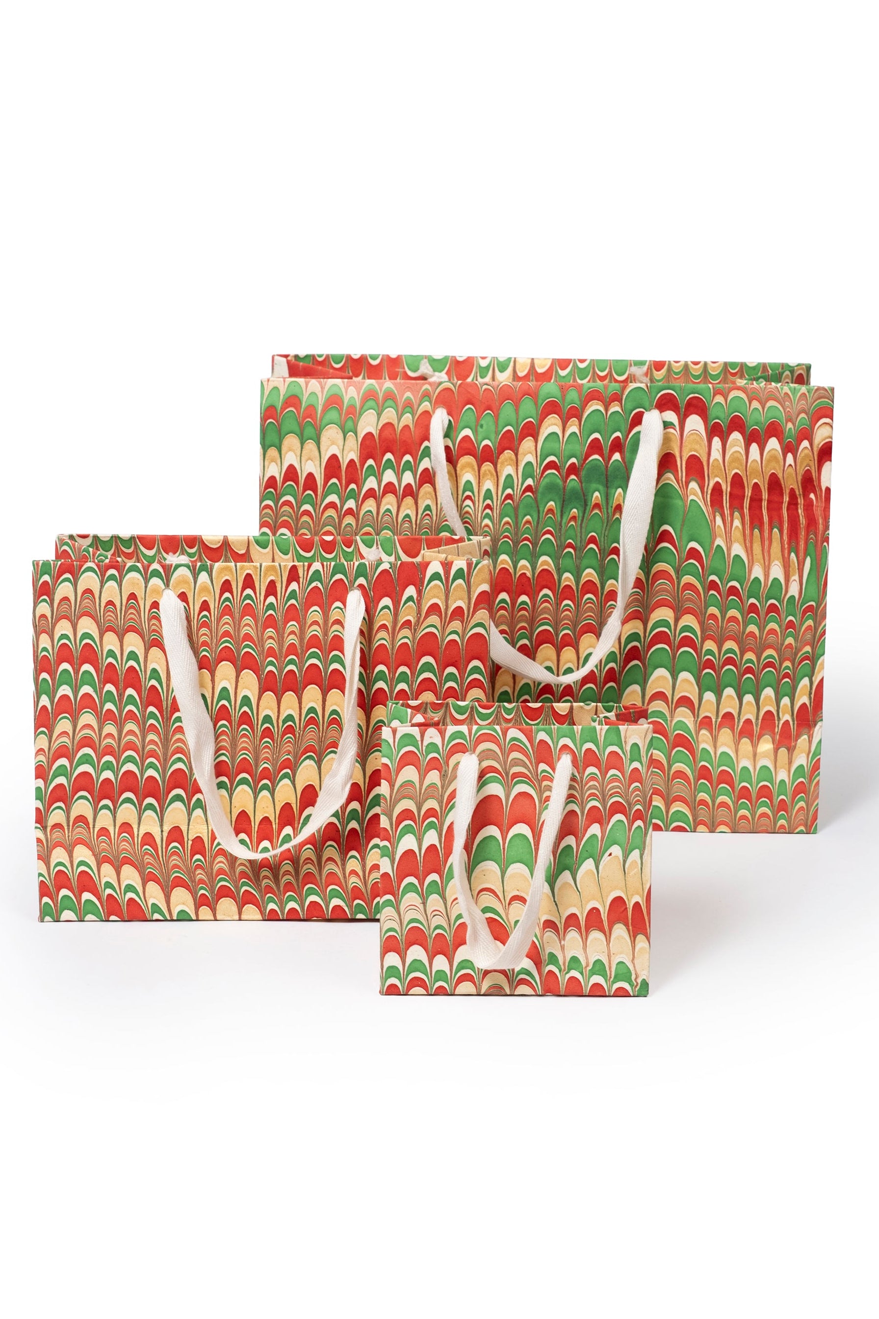 Holiday Jingle Gift Hand Marbled Gift Bags - festive red-green-yellow patterns & white handles