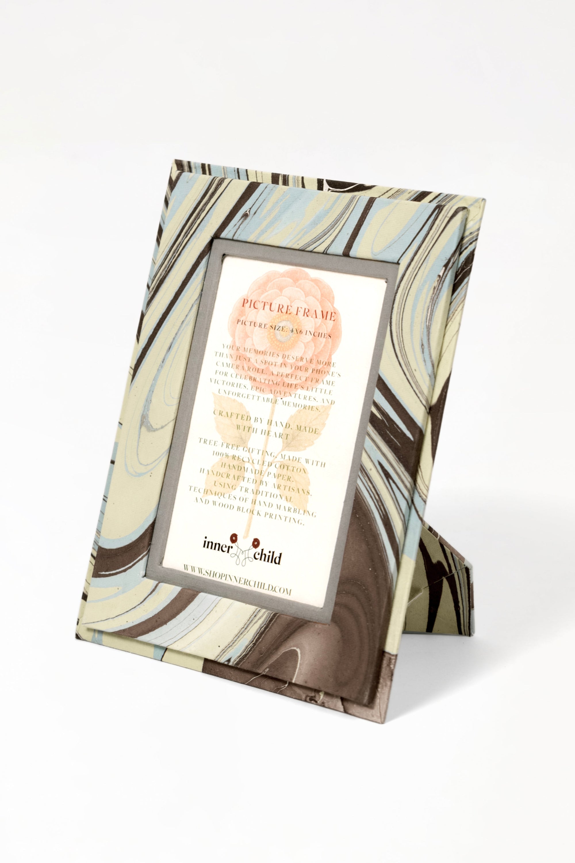 Hand-marbled Kyoto 4x6 picture frame by Inner Child with blue brown patterns