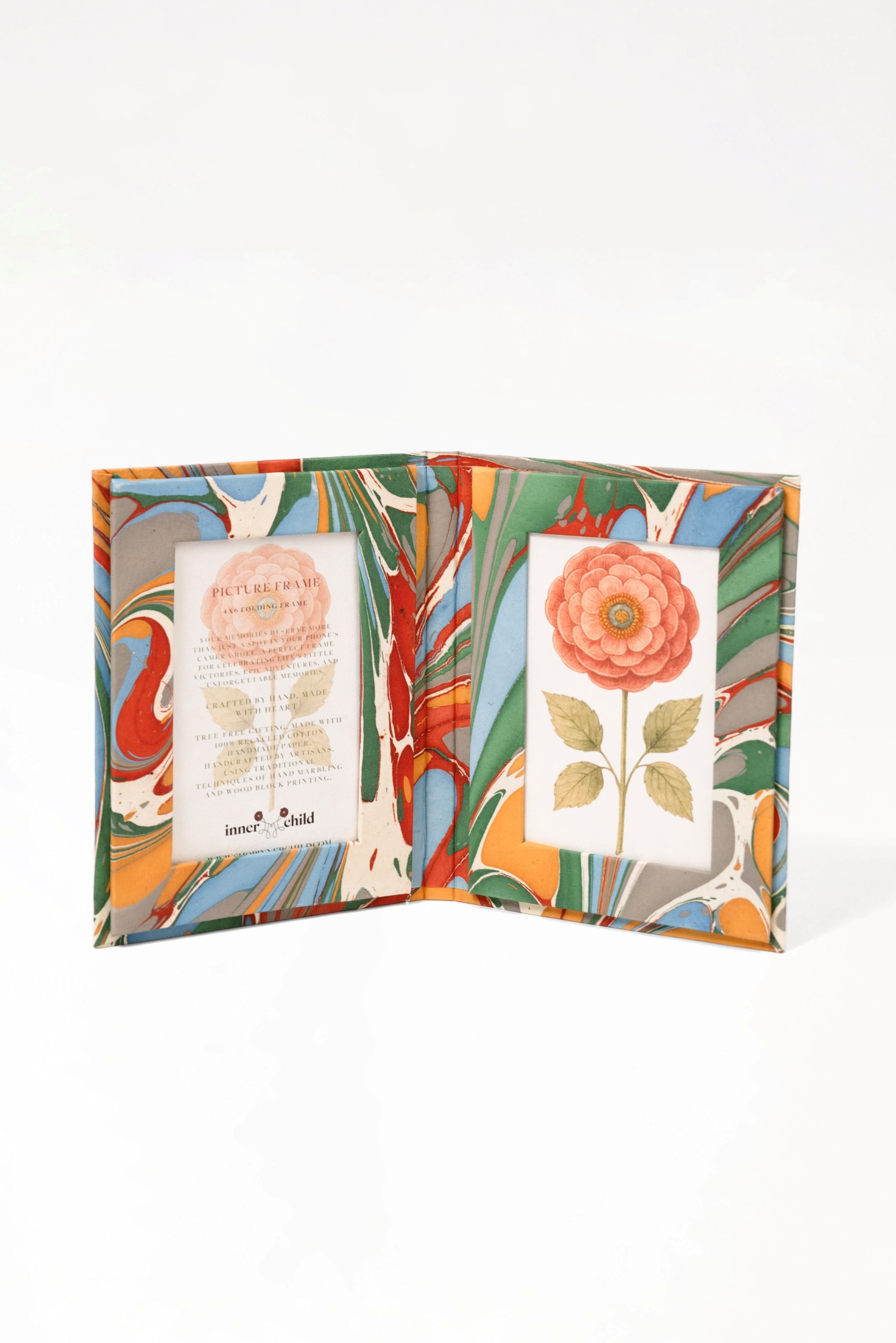 Opened hand-marbled folding picture frame with colorful patterns, flower insert - Inner Child