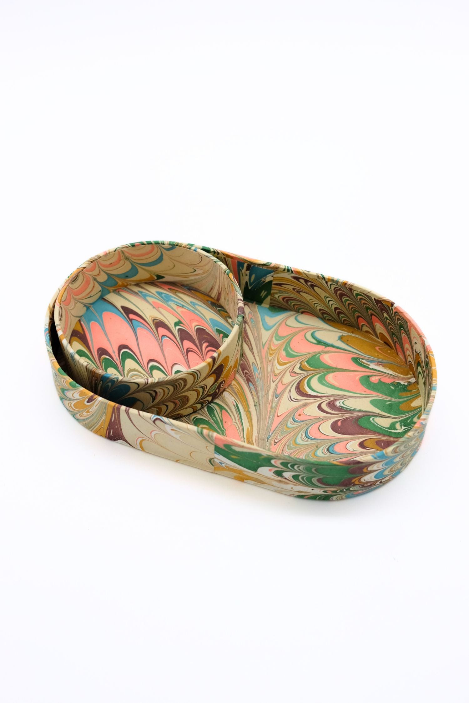 Nesting hand-marbled oval desk tray set with flatiron feathers marbling