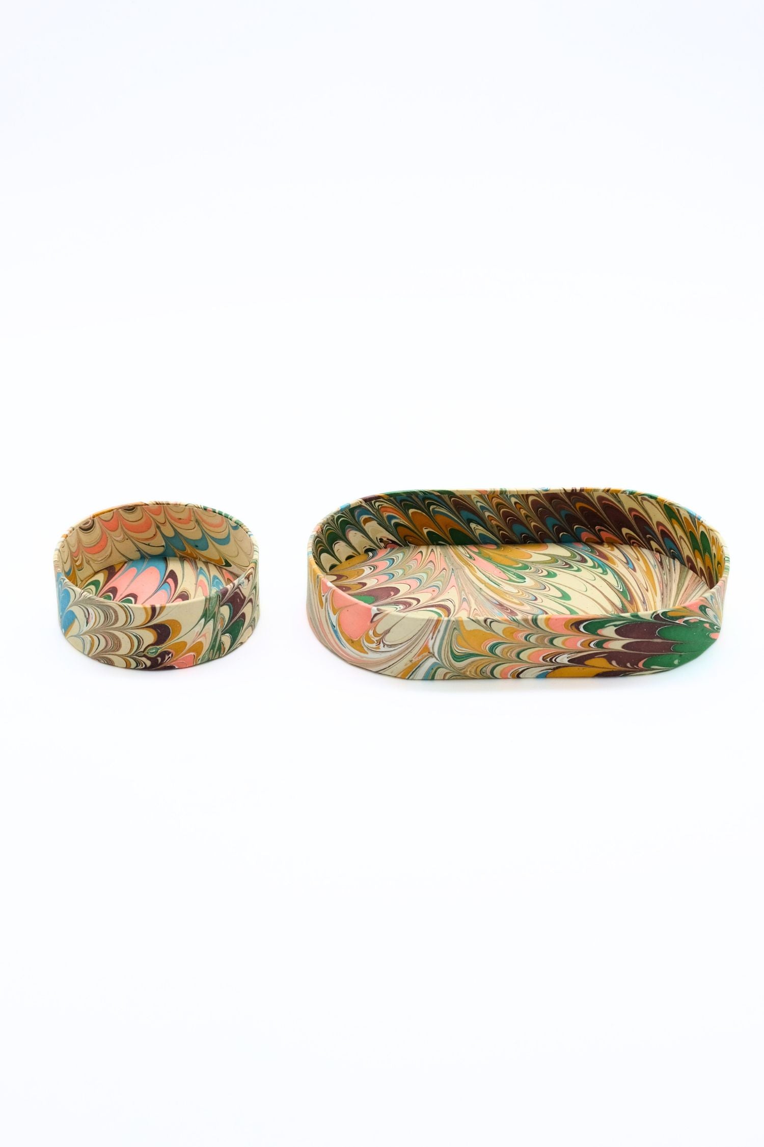 Nesting hand-marbled oval desk tray set with flatiron feathers marbling