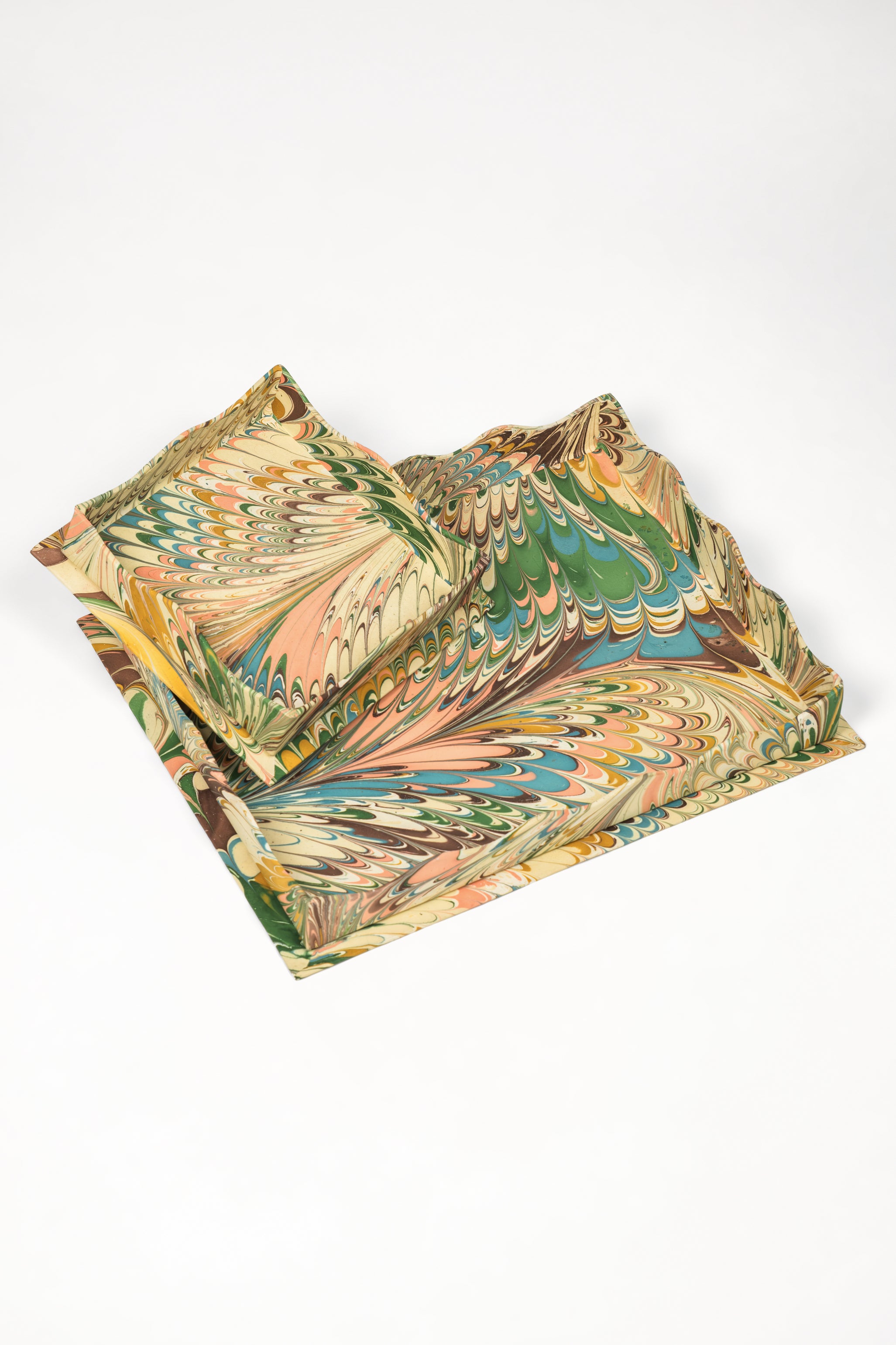 Innerchild Nesting Scalloped Hand-Marbled Trays in Flatiron Feathers (Set of 2)