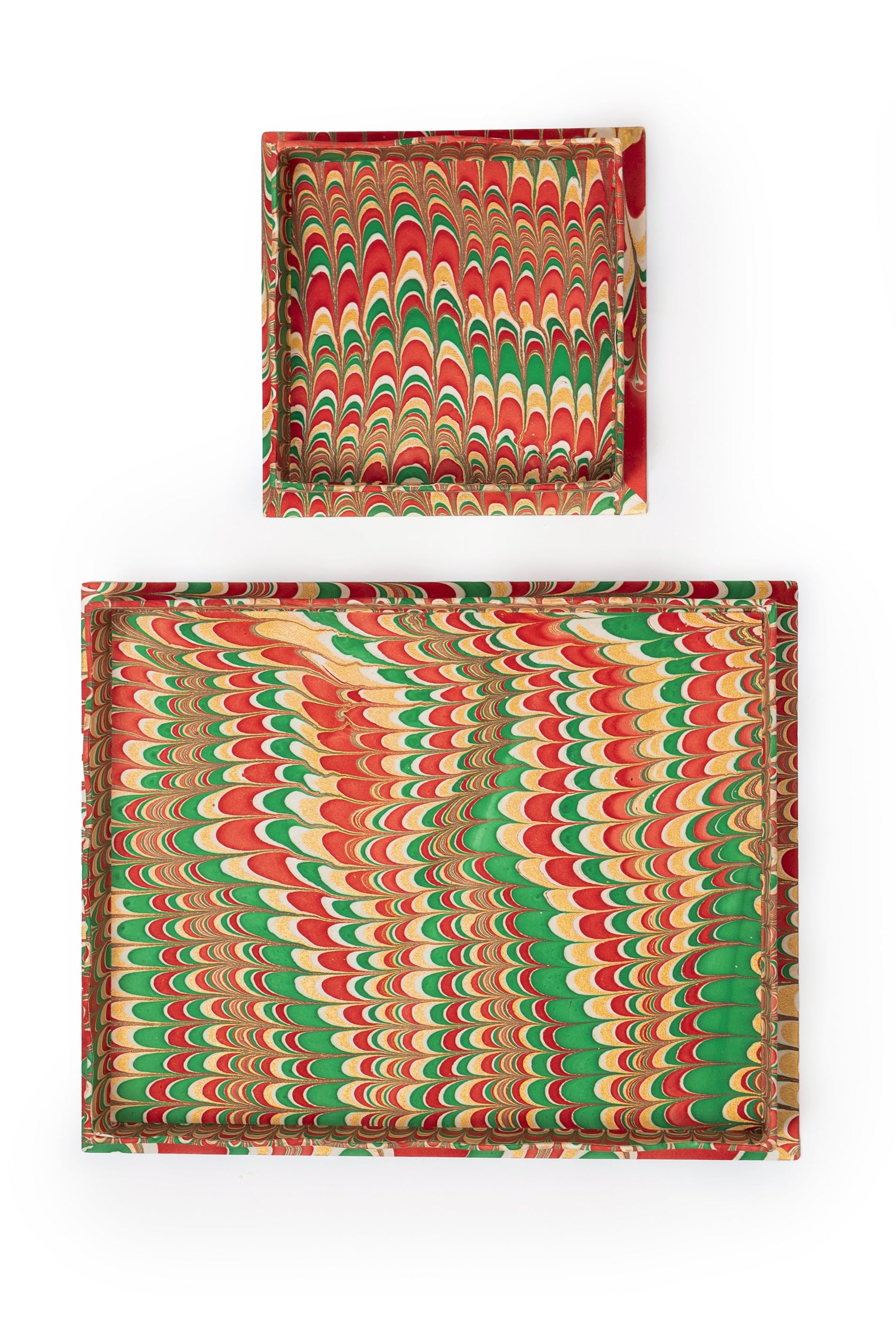 Inner Child nesting scalloped hand-marbled holiday trays red green gold