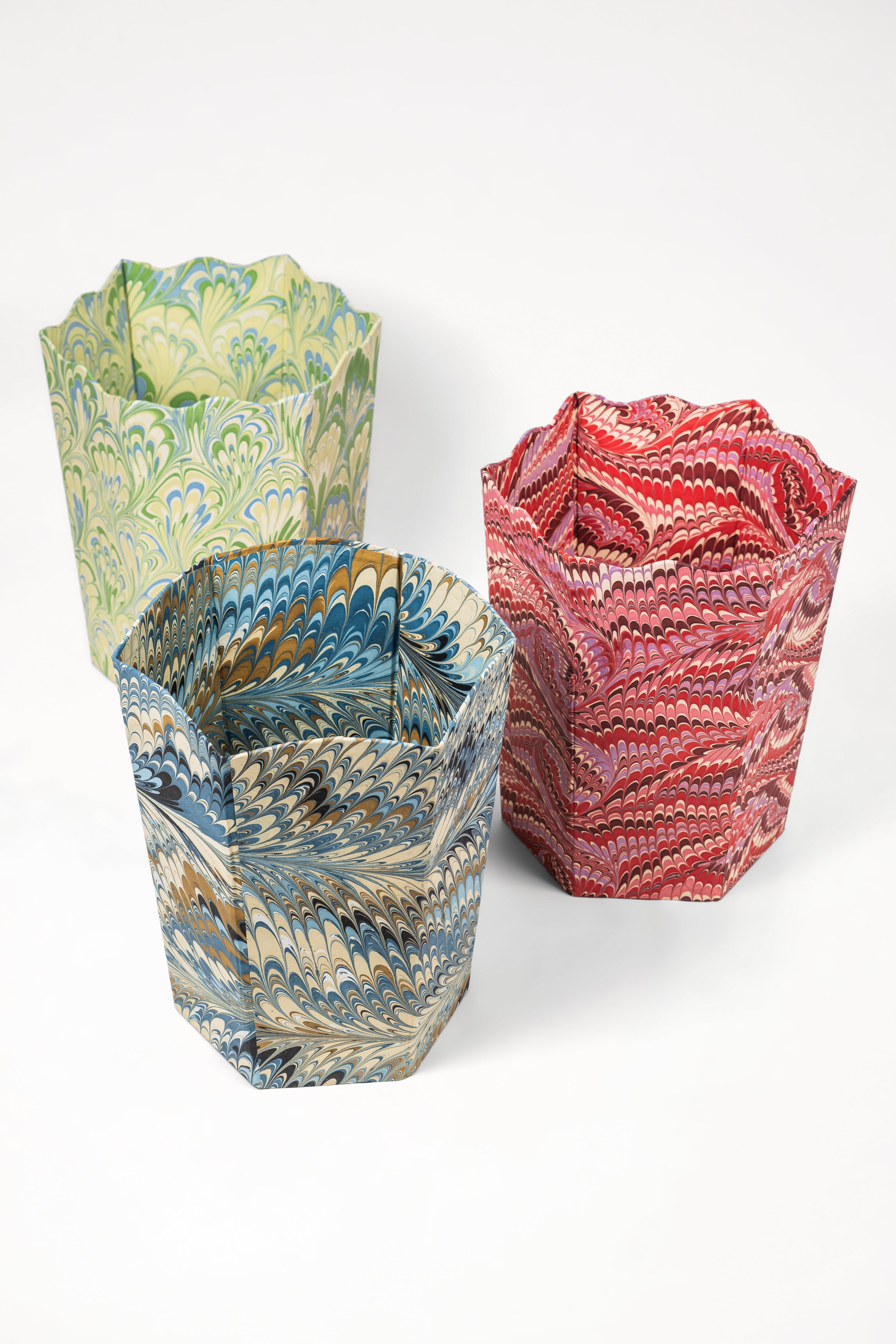 Hand-marbled scallop waste bin storage bin in florentine pink patterns