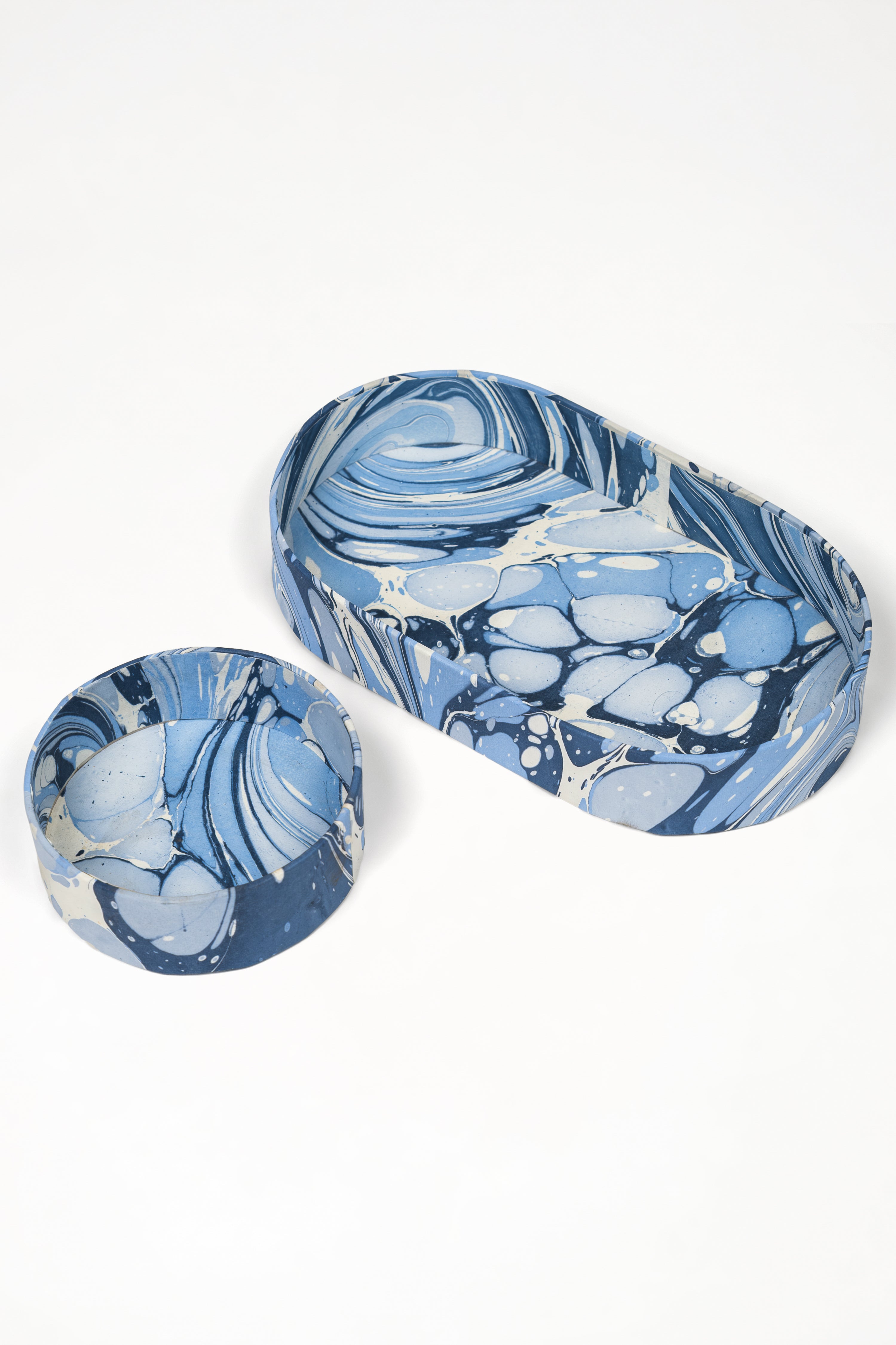 Ocean wave hand-marbled oval nesting desk tray set by Inner Child design studio
