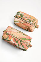 Peony Bloom hand-marbled cosmetic bags with pink, green, orange patterns