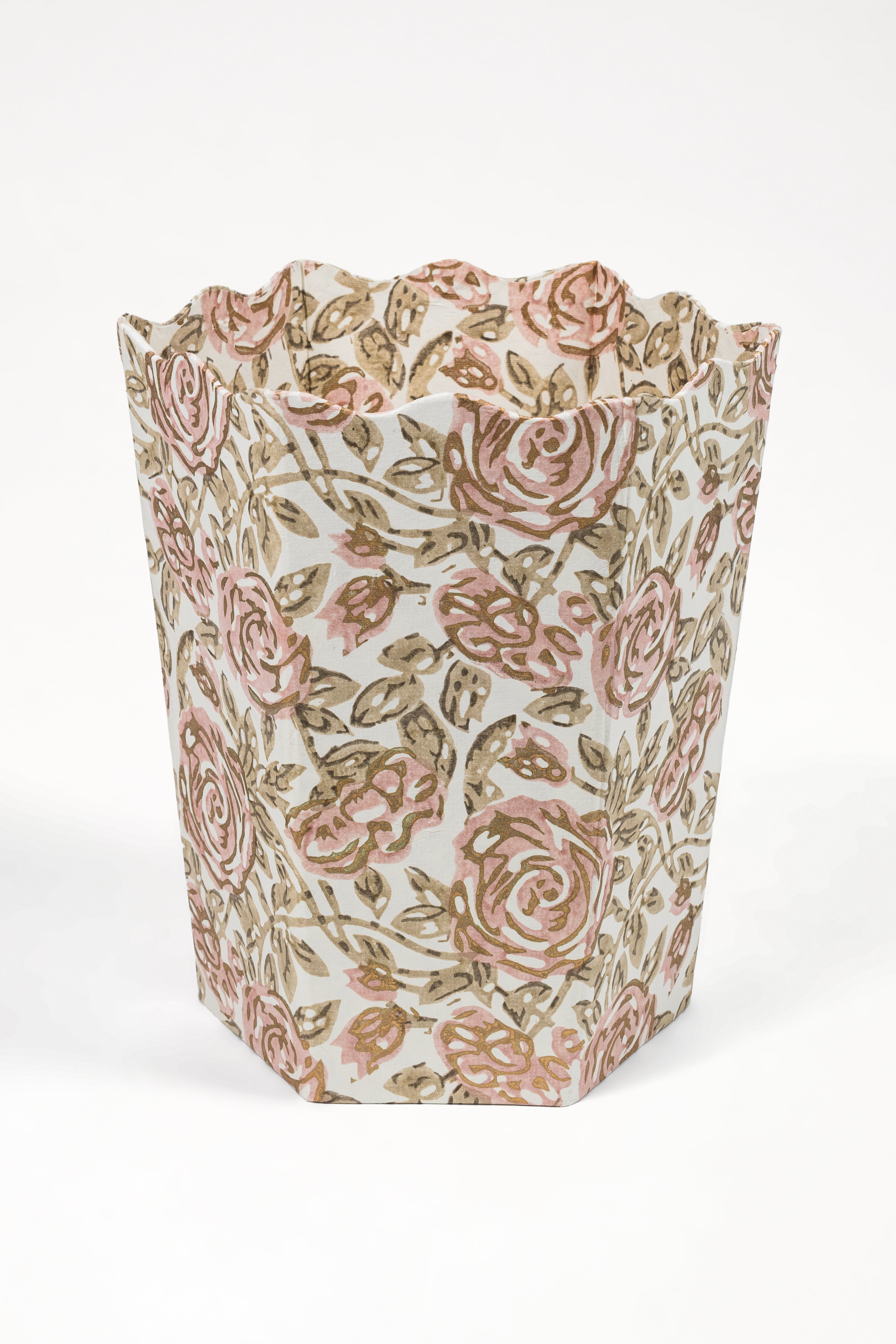 Blockprint scallop waste bin displaying pink rose garden pattern - Inner Child