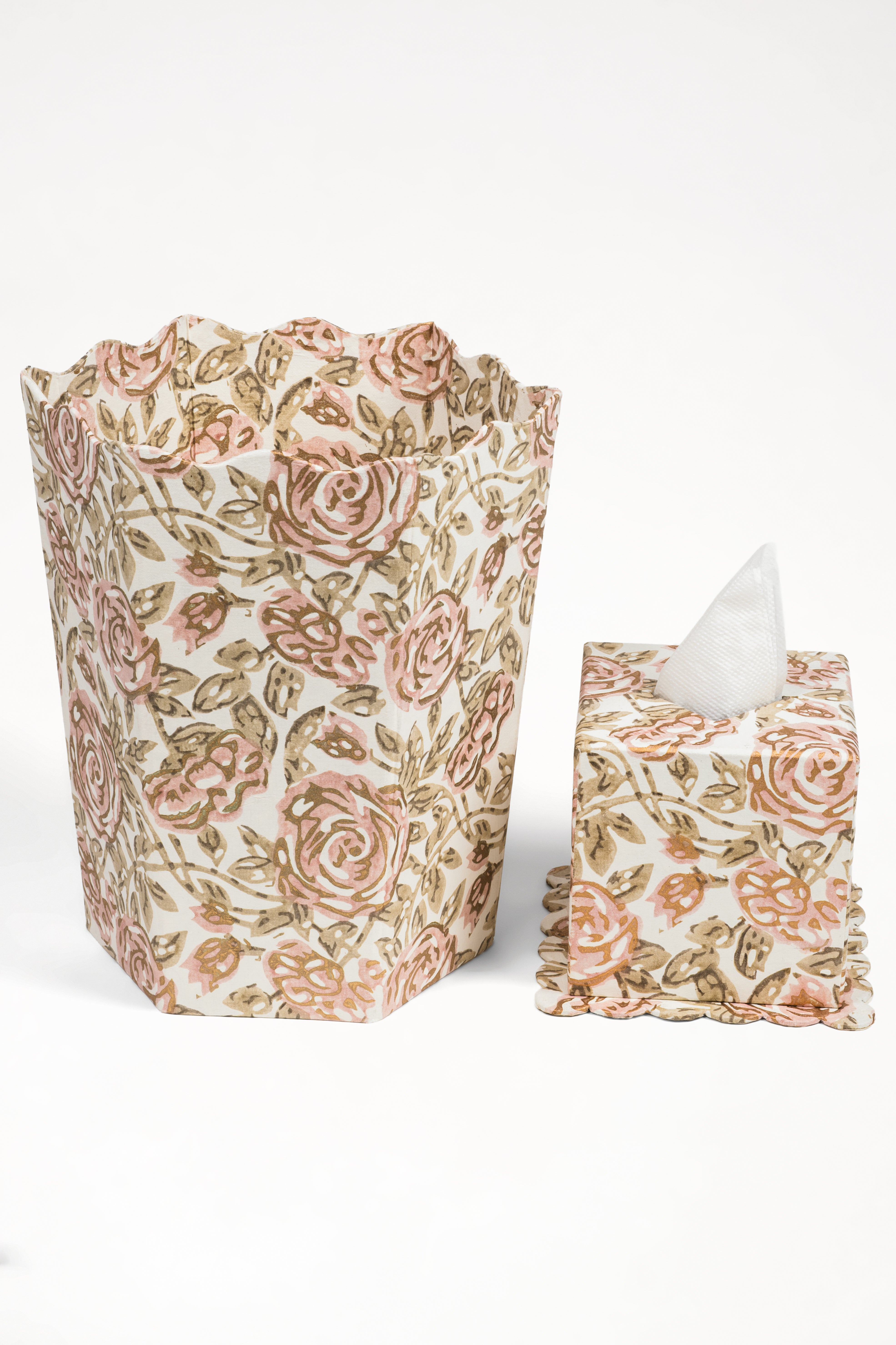 Blockprint scallop waste bin with pink rose garden pattern alongside matching tissue holder - Inner Child
