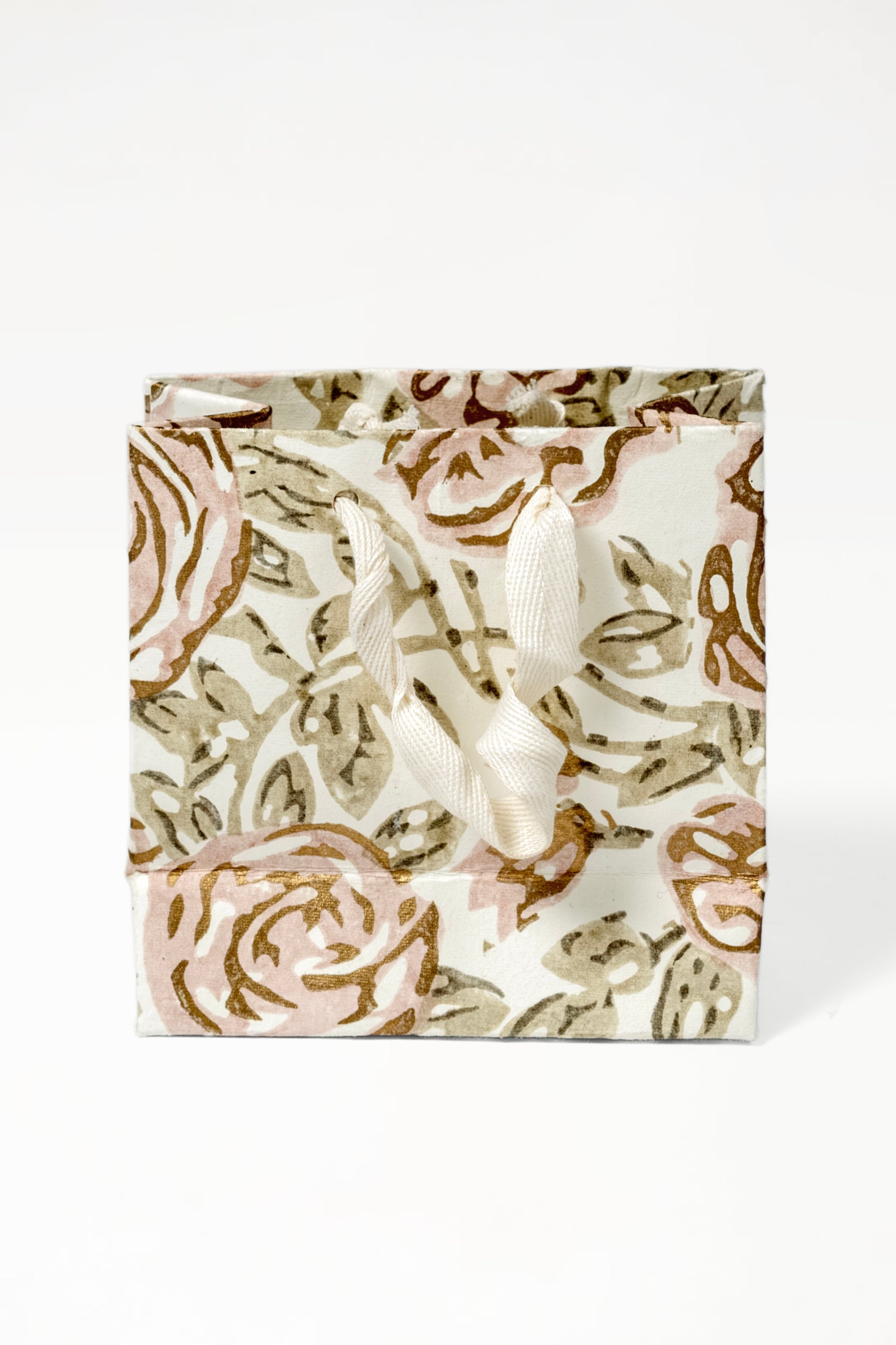 Small cream blockprint gift bag with pink roses and brown leaves