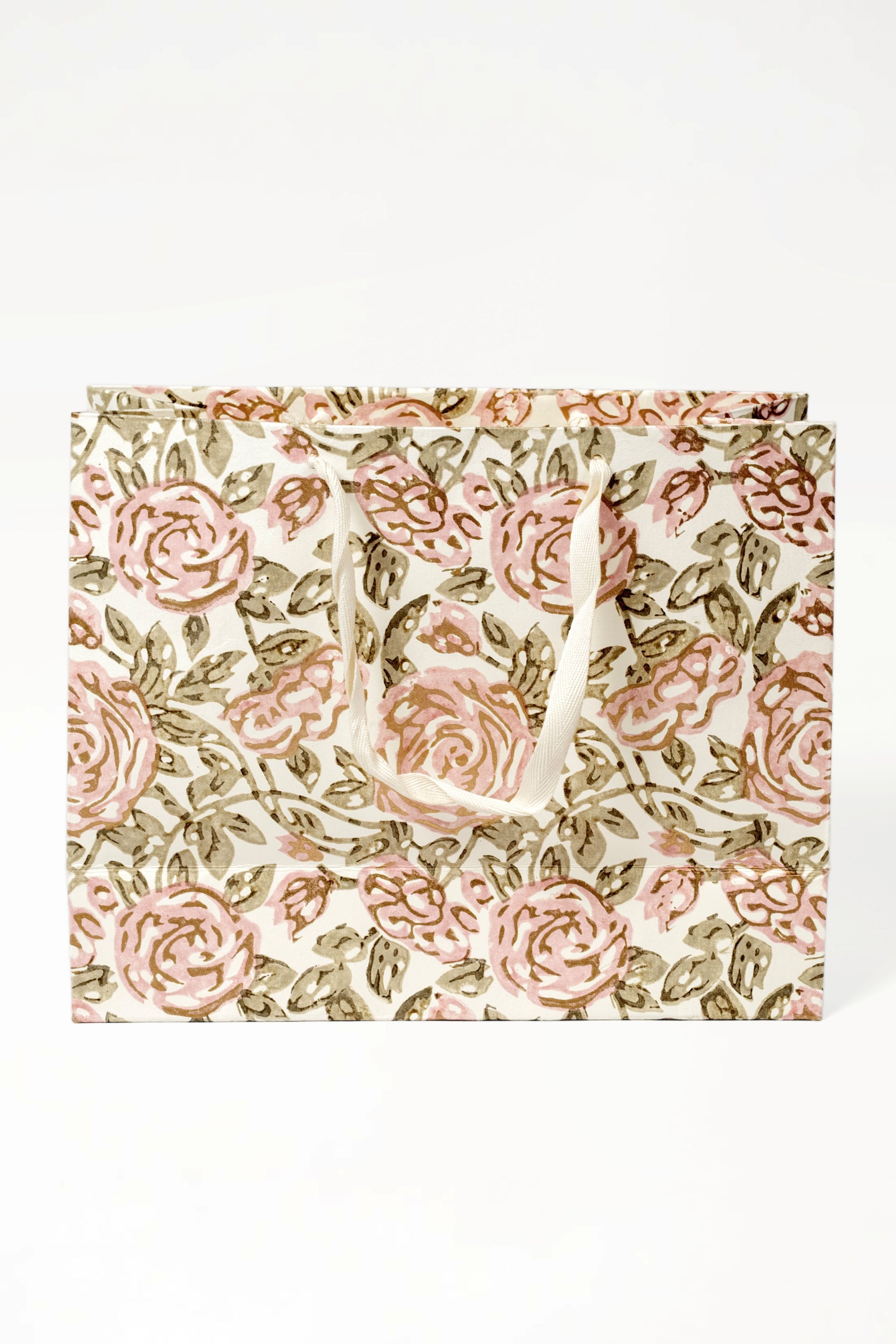 Large cream blockprint gift bag with pink roses and brown leaves