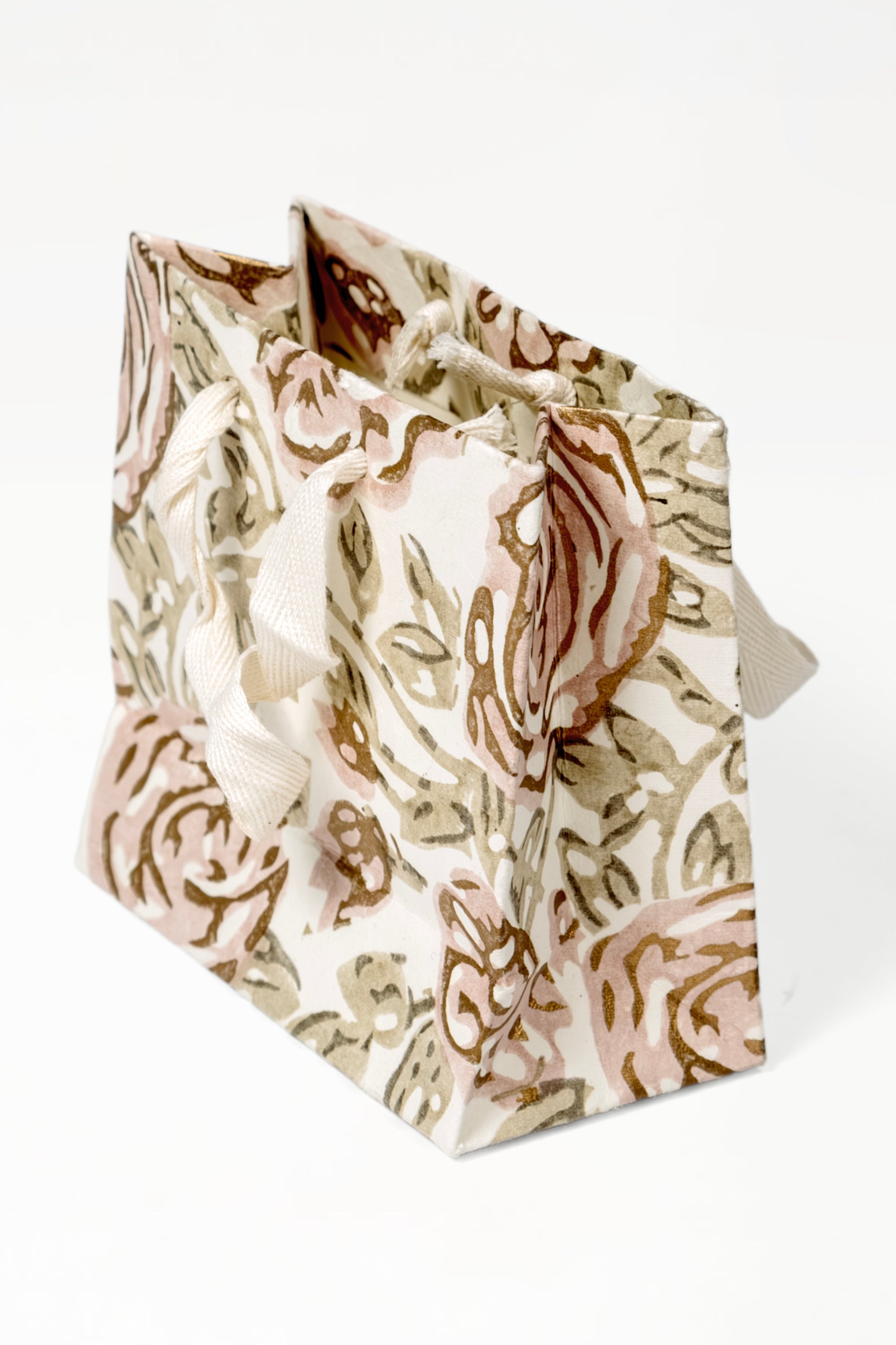 Medium cream blockprint gift bag with pink roses and brown leaves